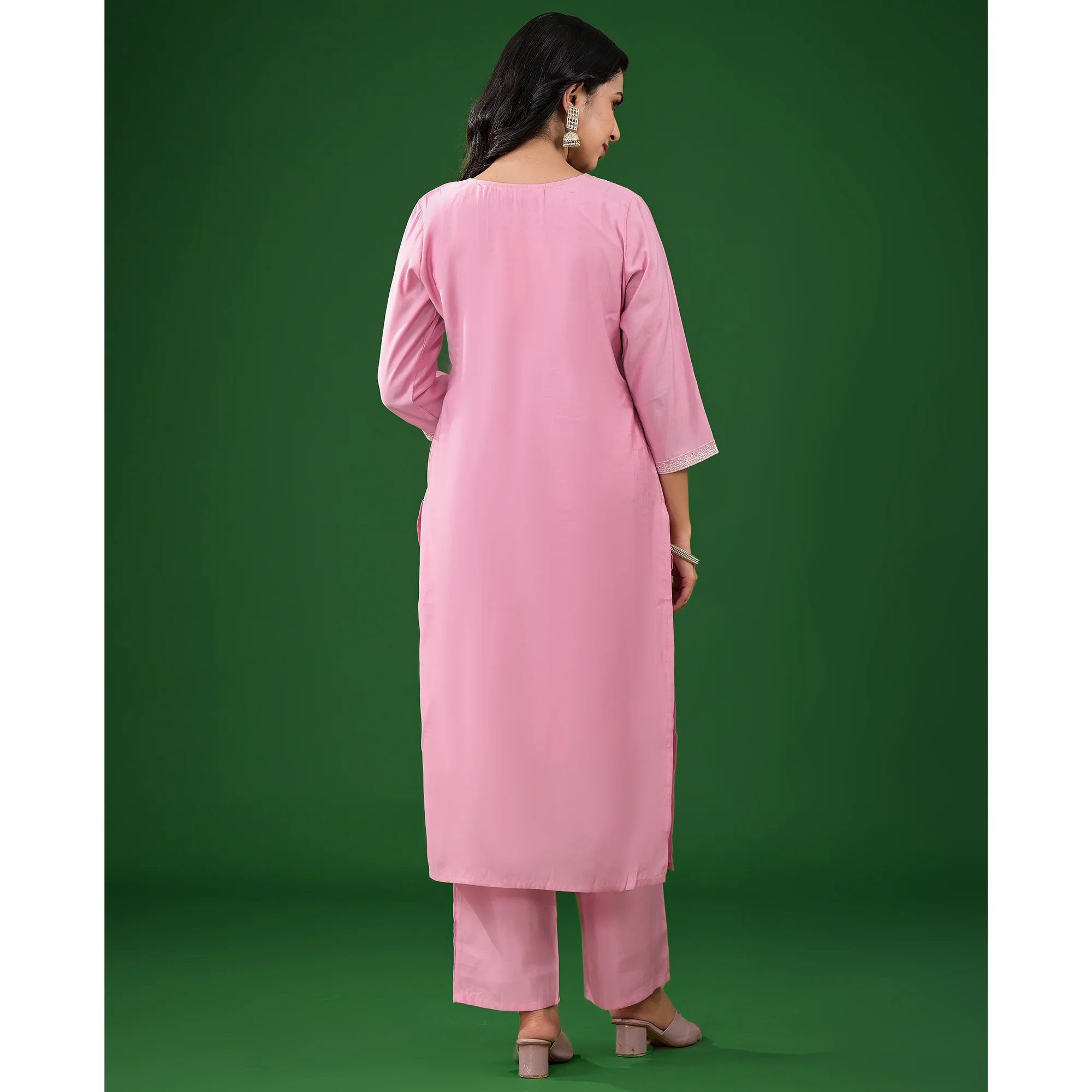 Pink Floral Embroidered Pure Silk Straight Salwar Suit - Image 8