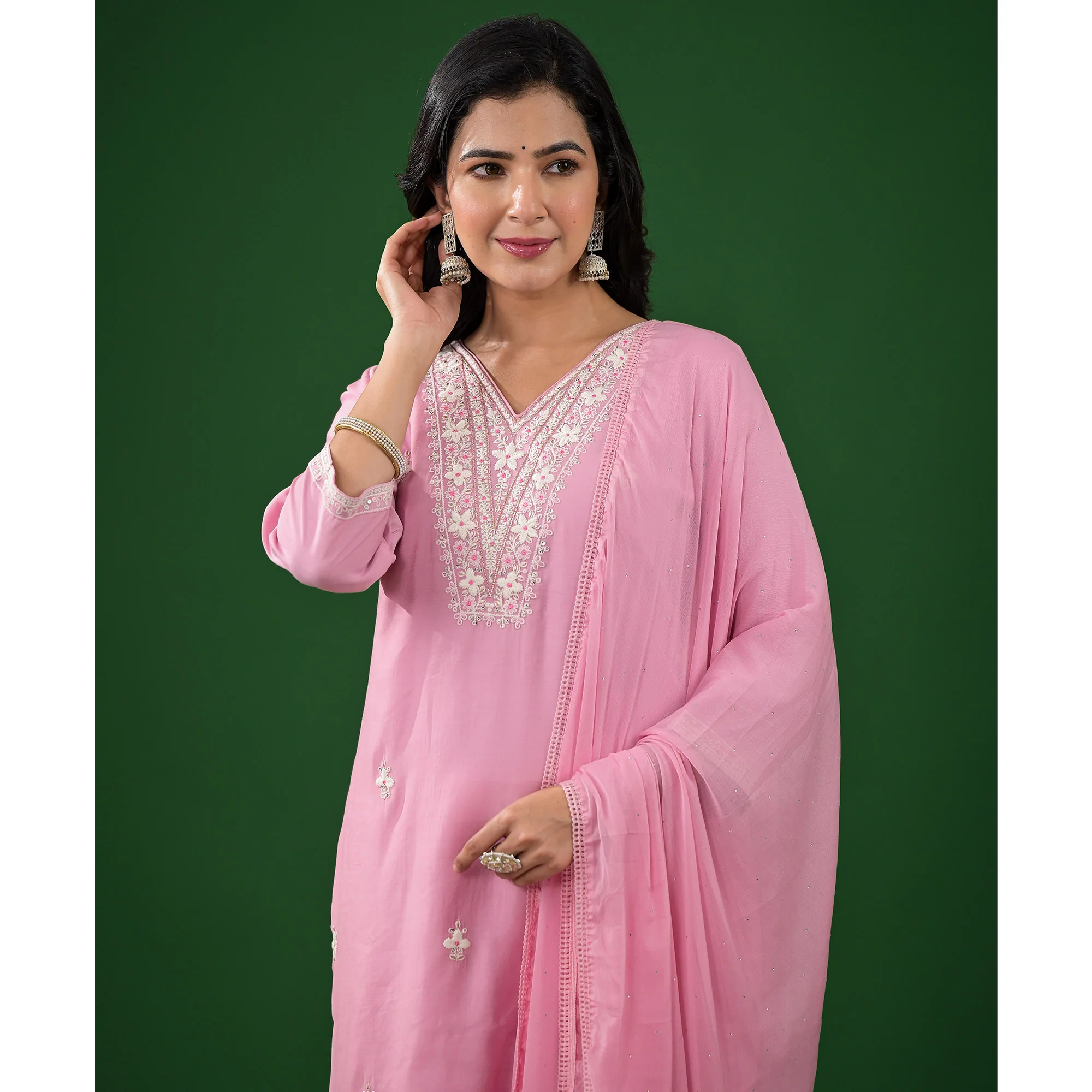 Pink Floral Embroidered Pure Silk Straight Salwar Suit - Image 9