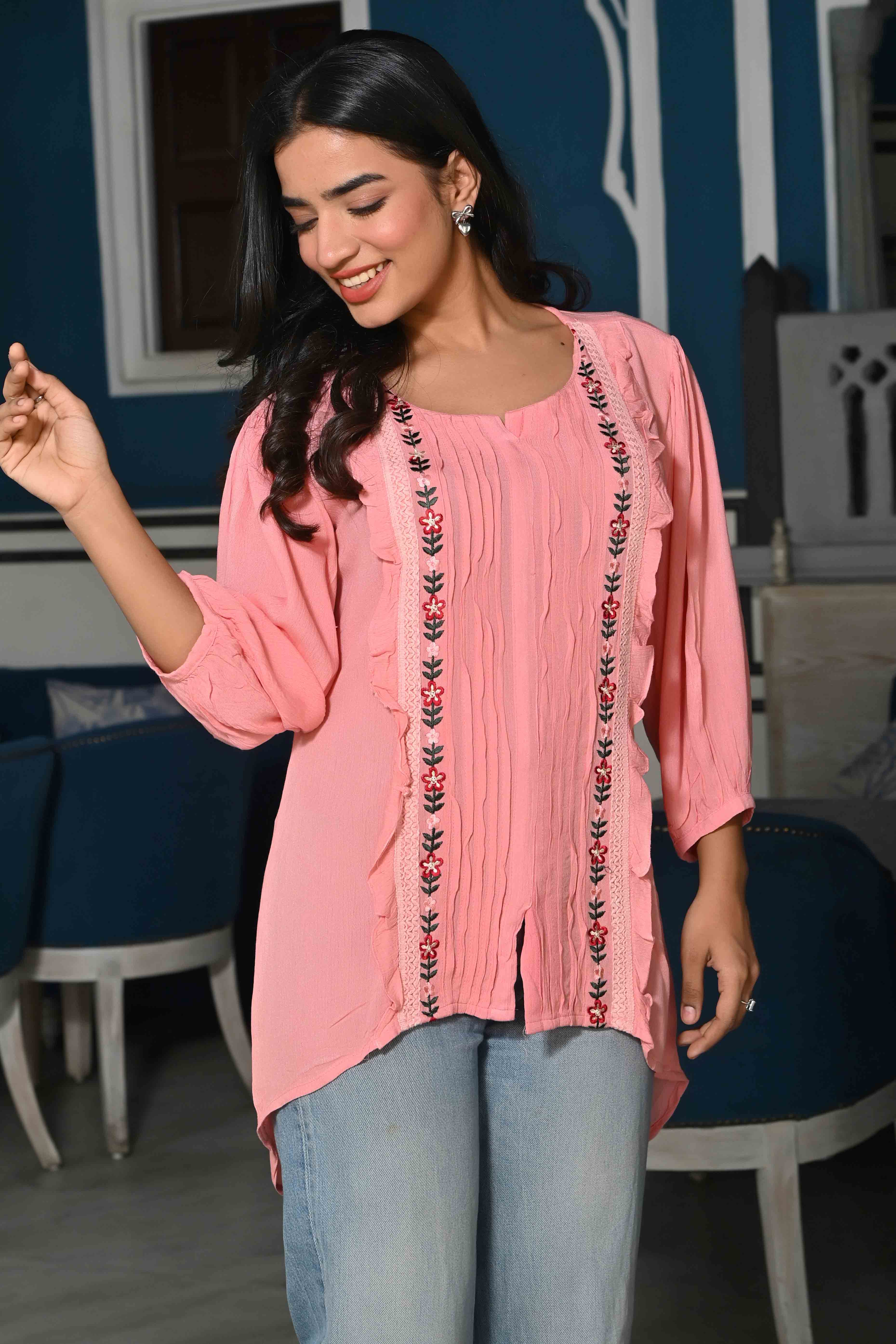 Pink Floral Embroidered Rayon Rinkal Top - Image 5
