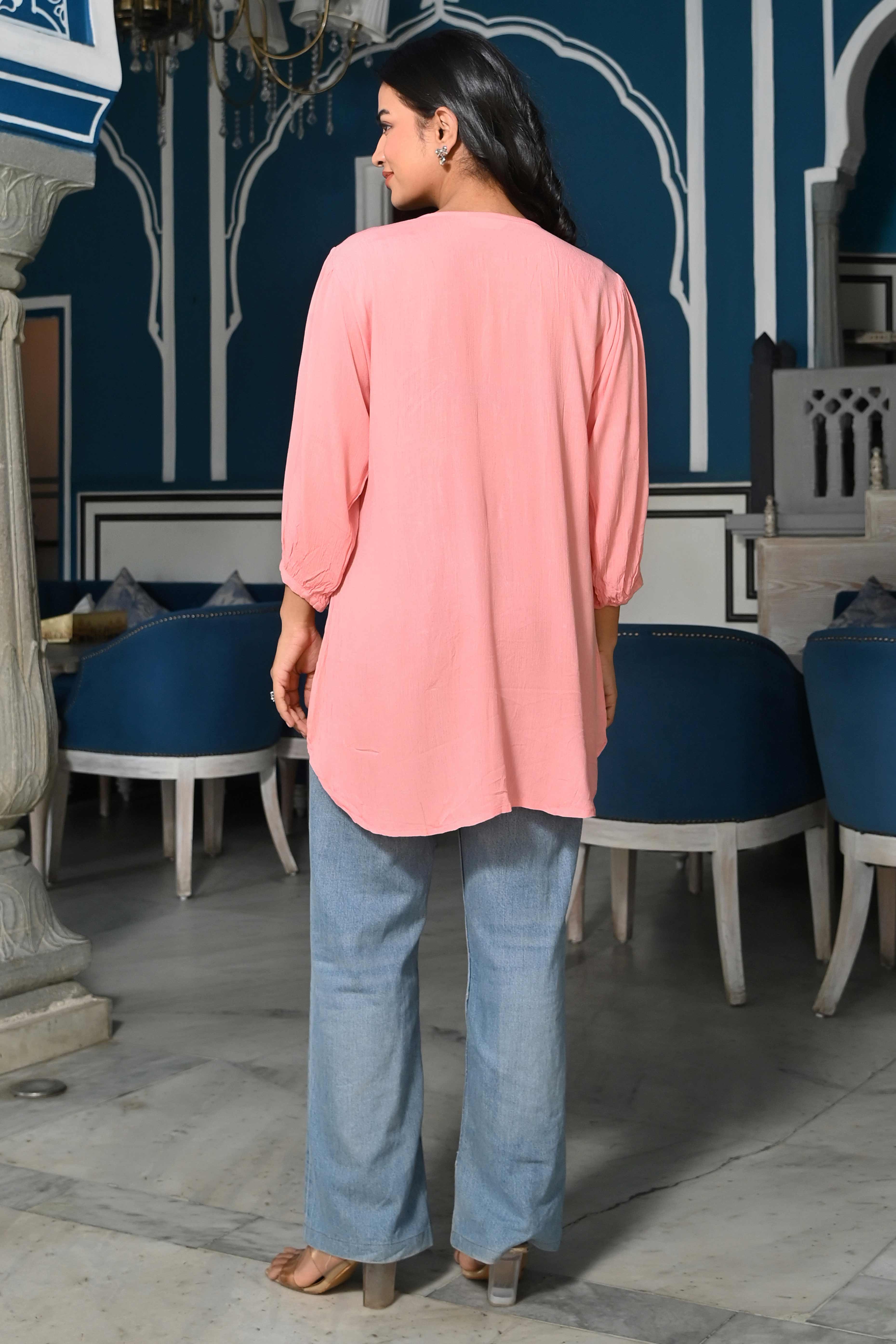 Pink Floral Embroidered Rayon Rinkal Top - Image 9