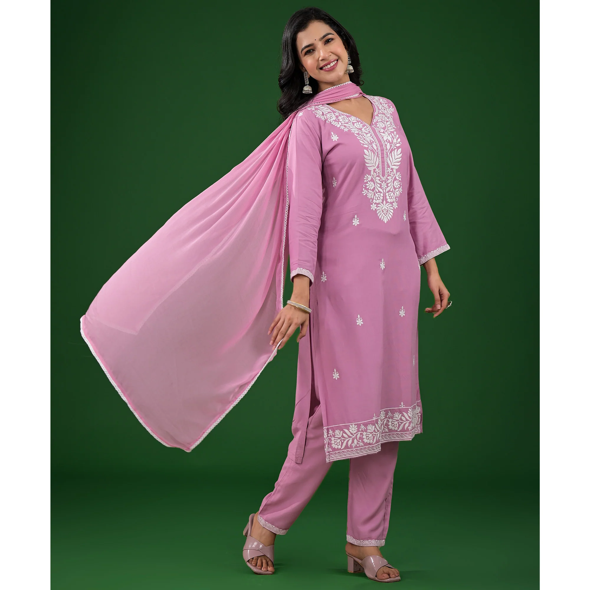 Pink Floral Embroidered Rayon Salwar Suit - Image 6