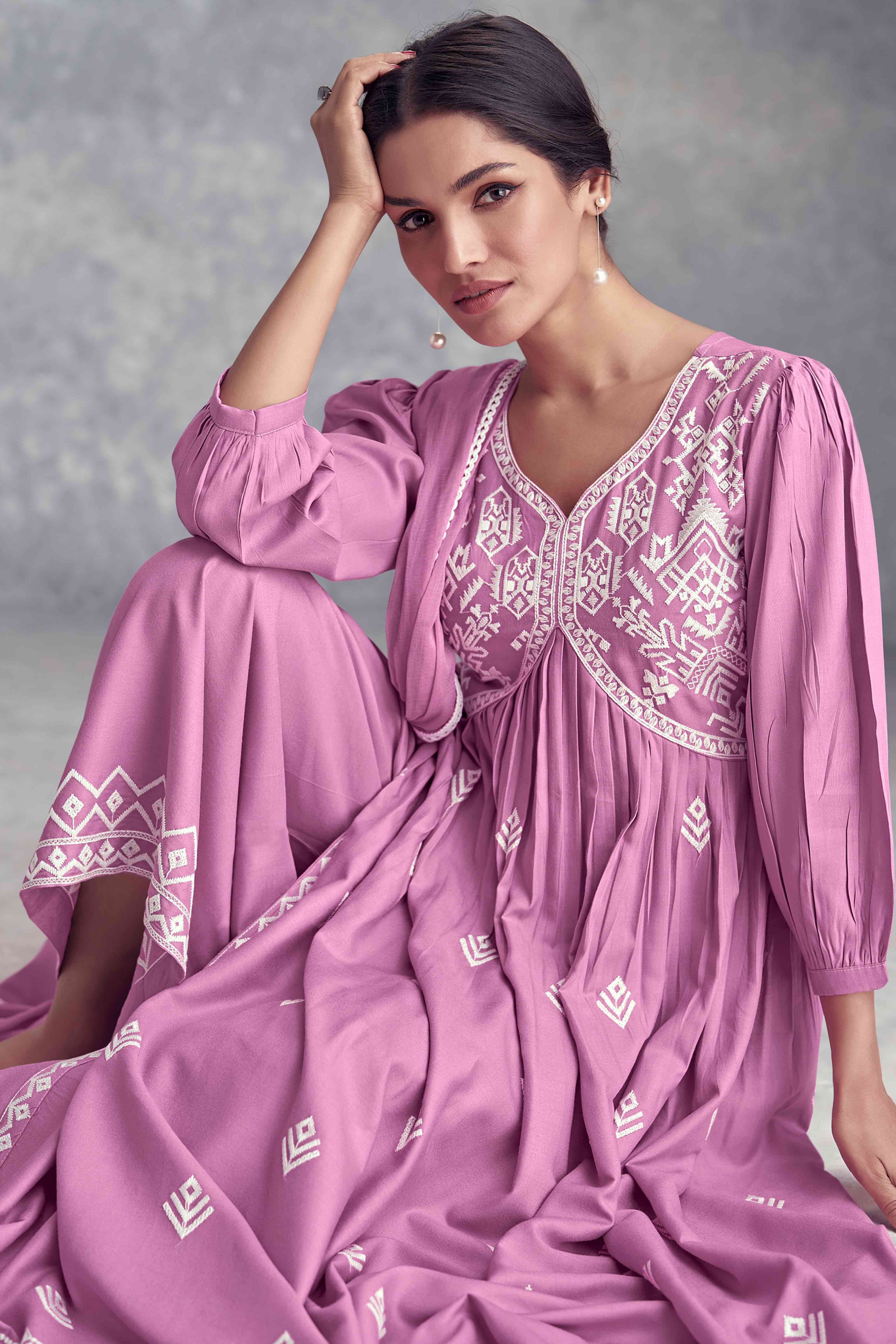 Pink Floral Embroidered Rayon Salwar Suit - Image 3