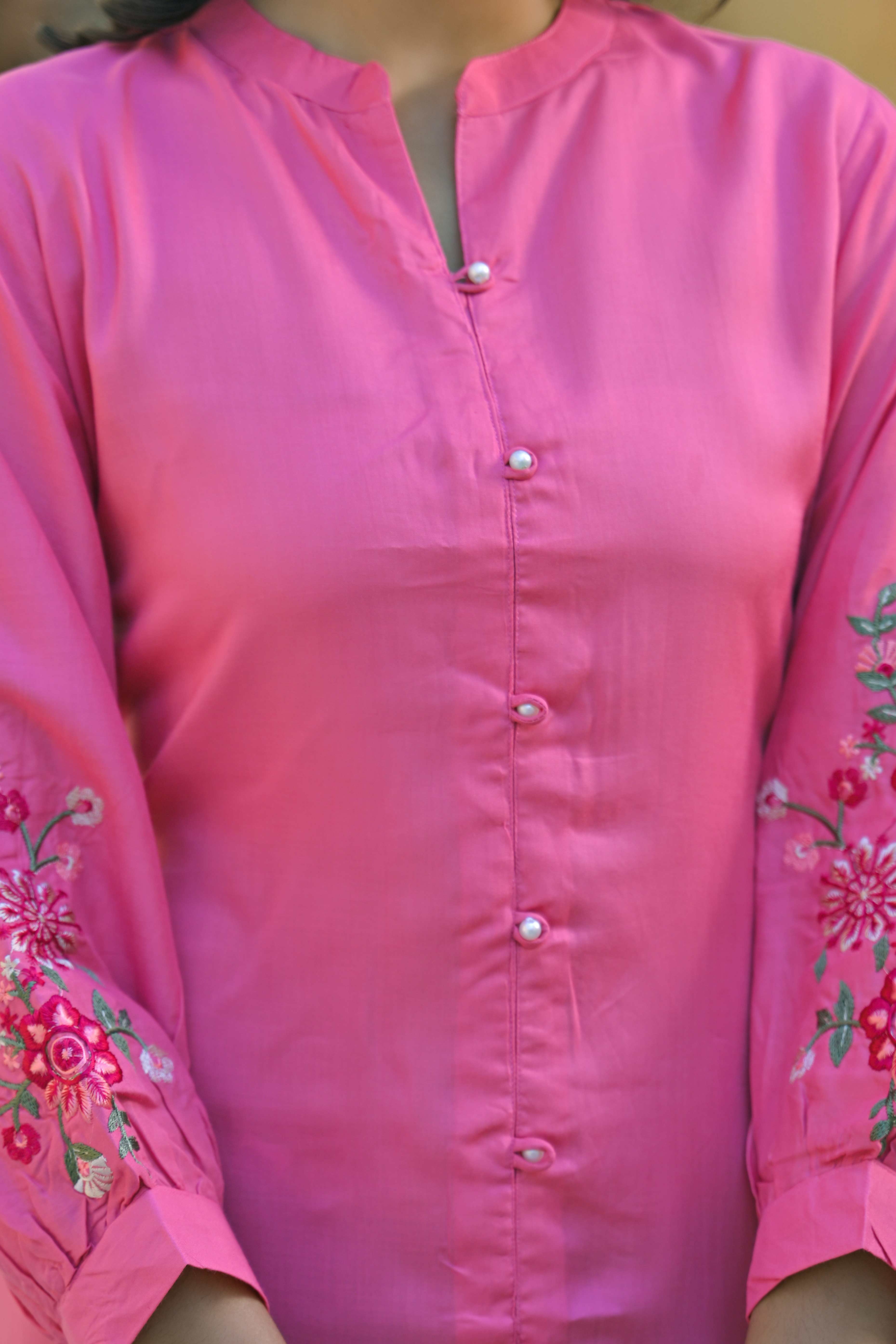 Pink Floral Embroidered Rayon Straight Top - Image 2