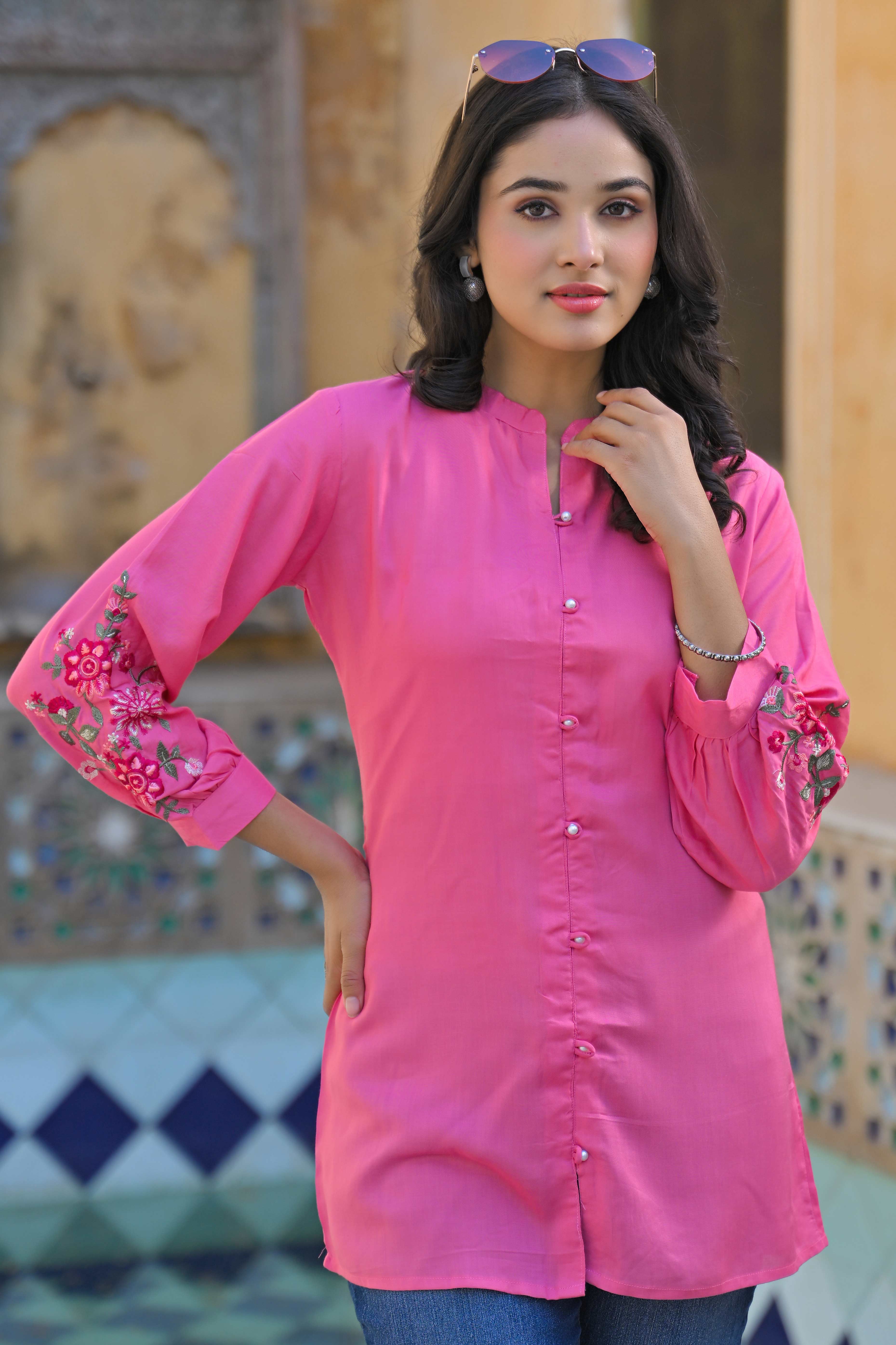 Pink Floral Embroidered Rayon Straight Top - Image 3