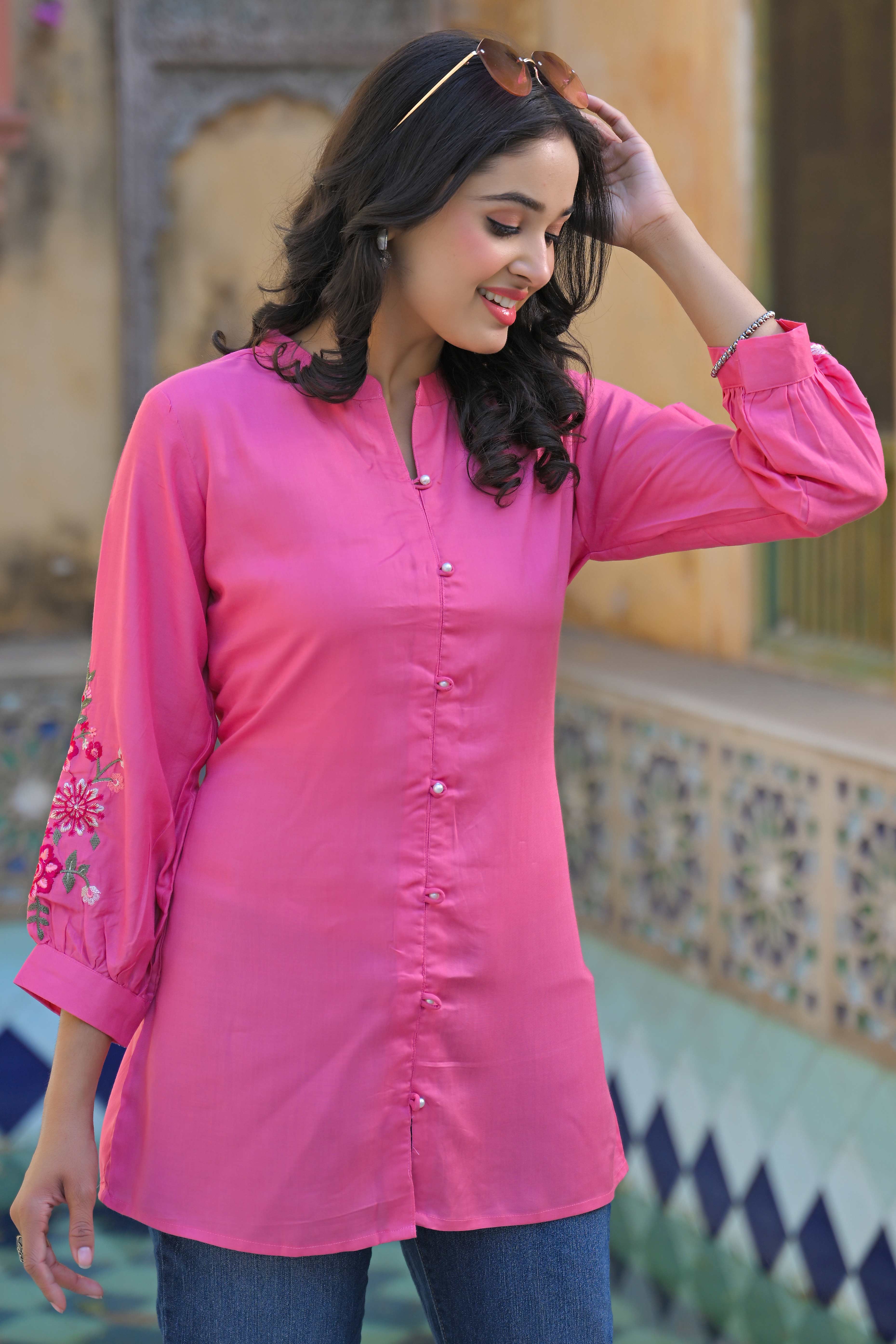 Pink Floral Embroidered Rayon Straight Top - Image 4
