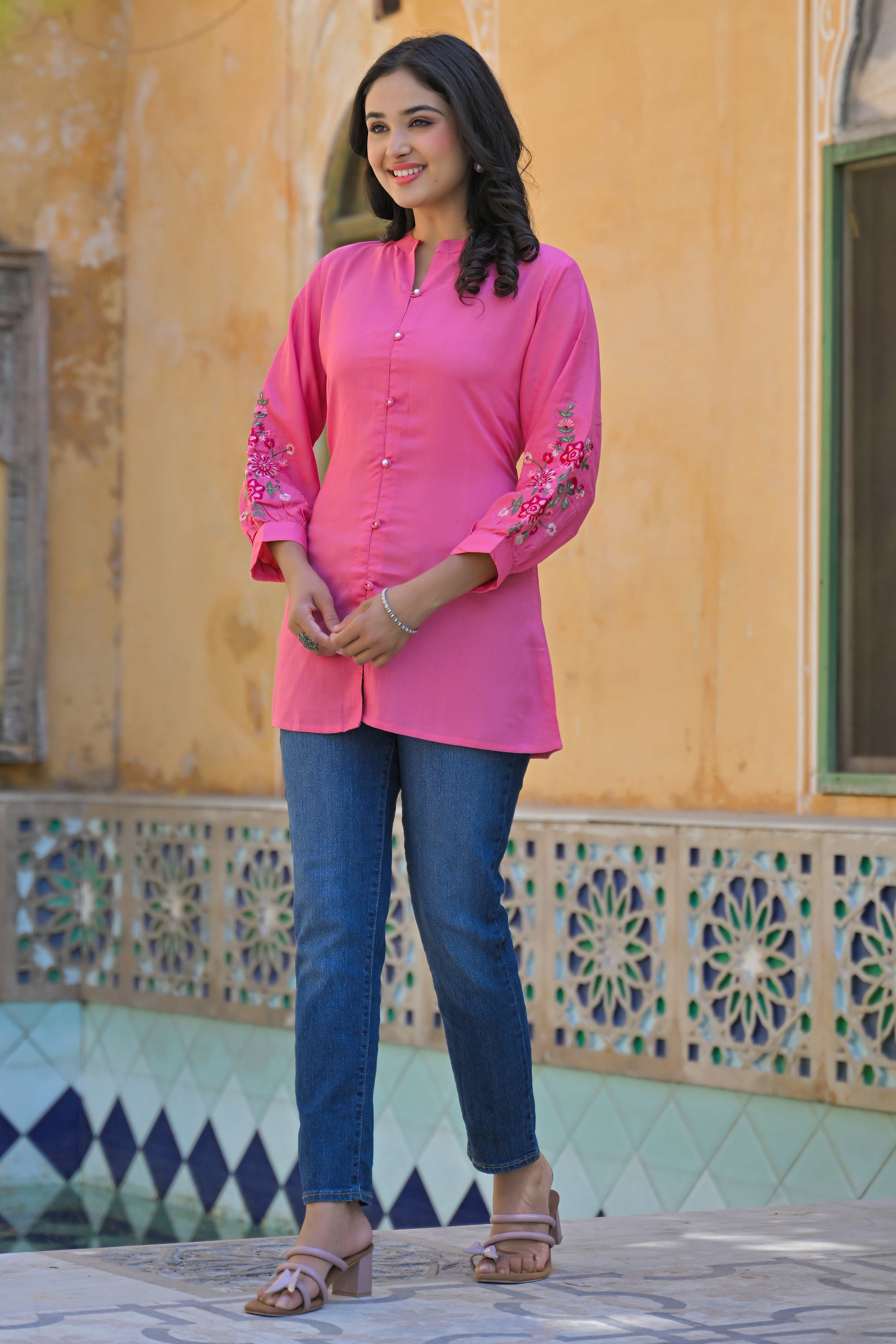 Pink Floral Embroidered Rayon Straight Top - Image 7
