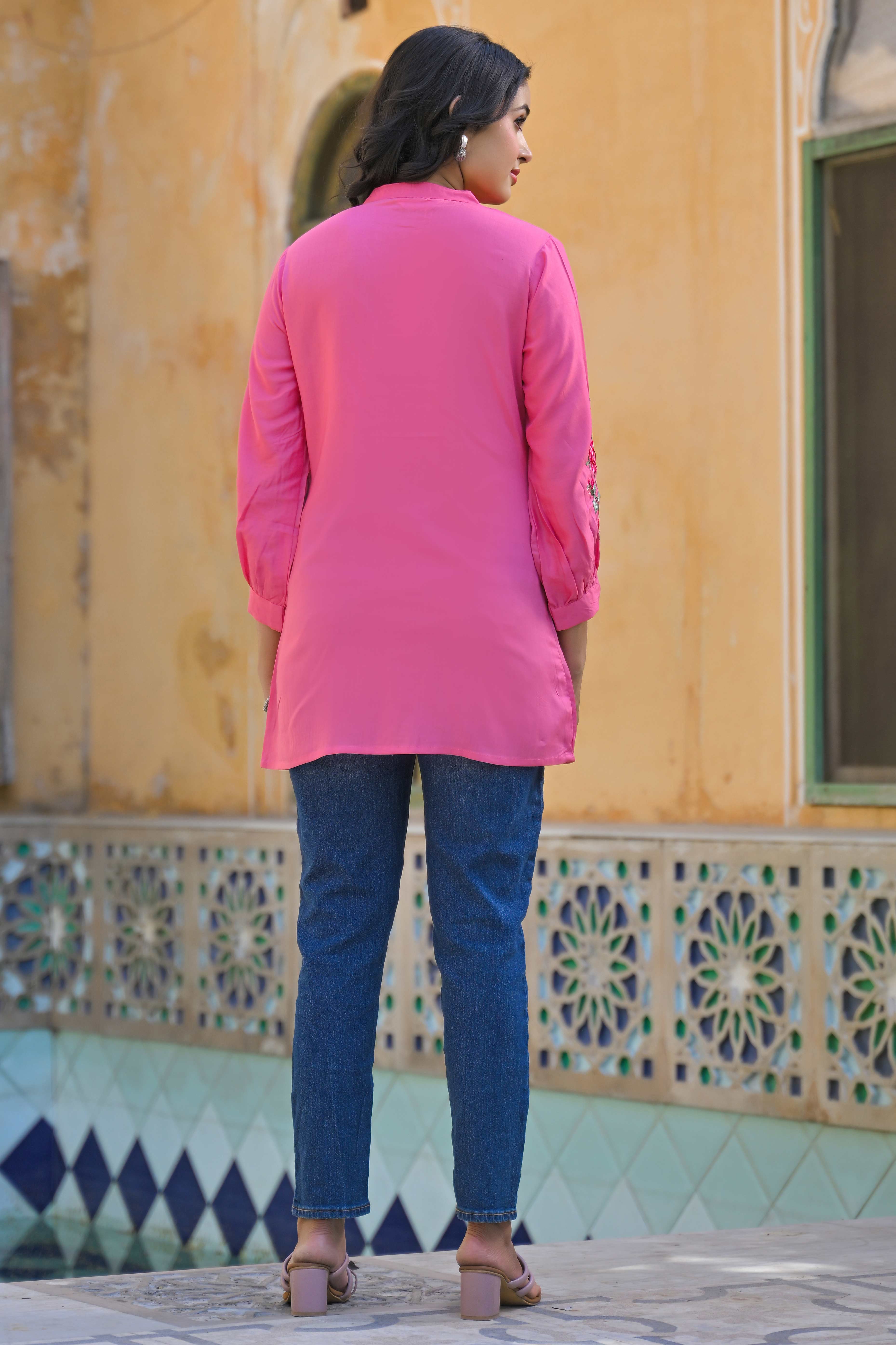Pink Floral Embroidered Rayon Straight Top - Image 8
