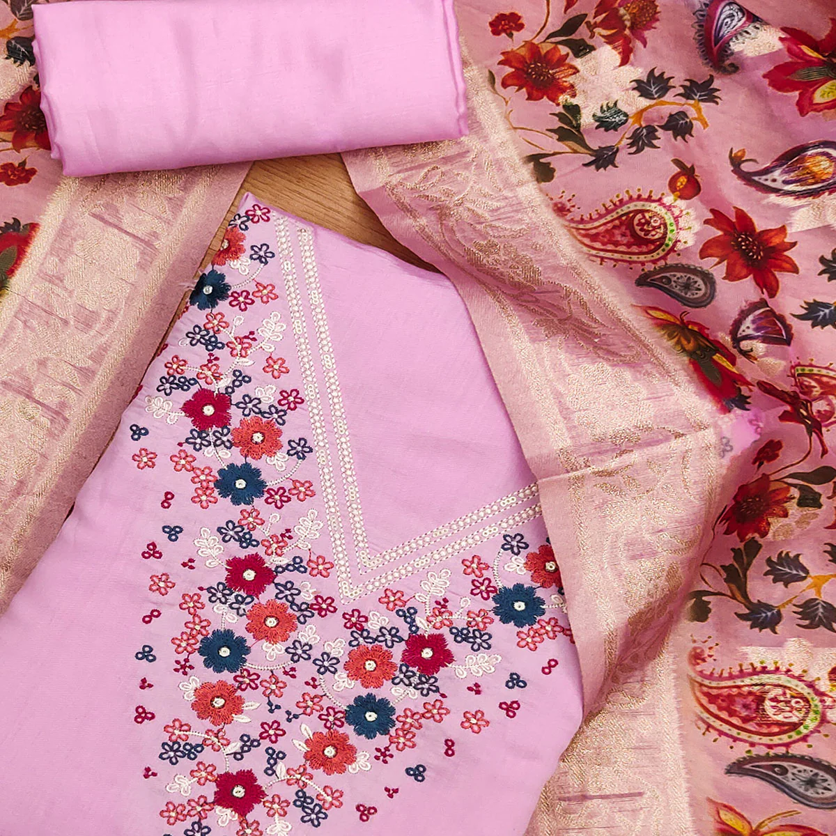 Pink Floral Embroidered Roman Cottom Silk Dress Material - Image 2