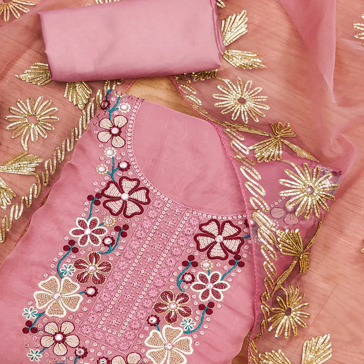 Pink Floral Embroidered Soft Organza Dress Material - Image 2
