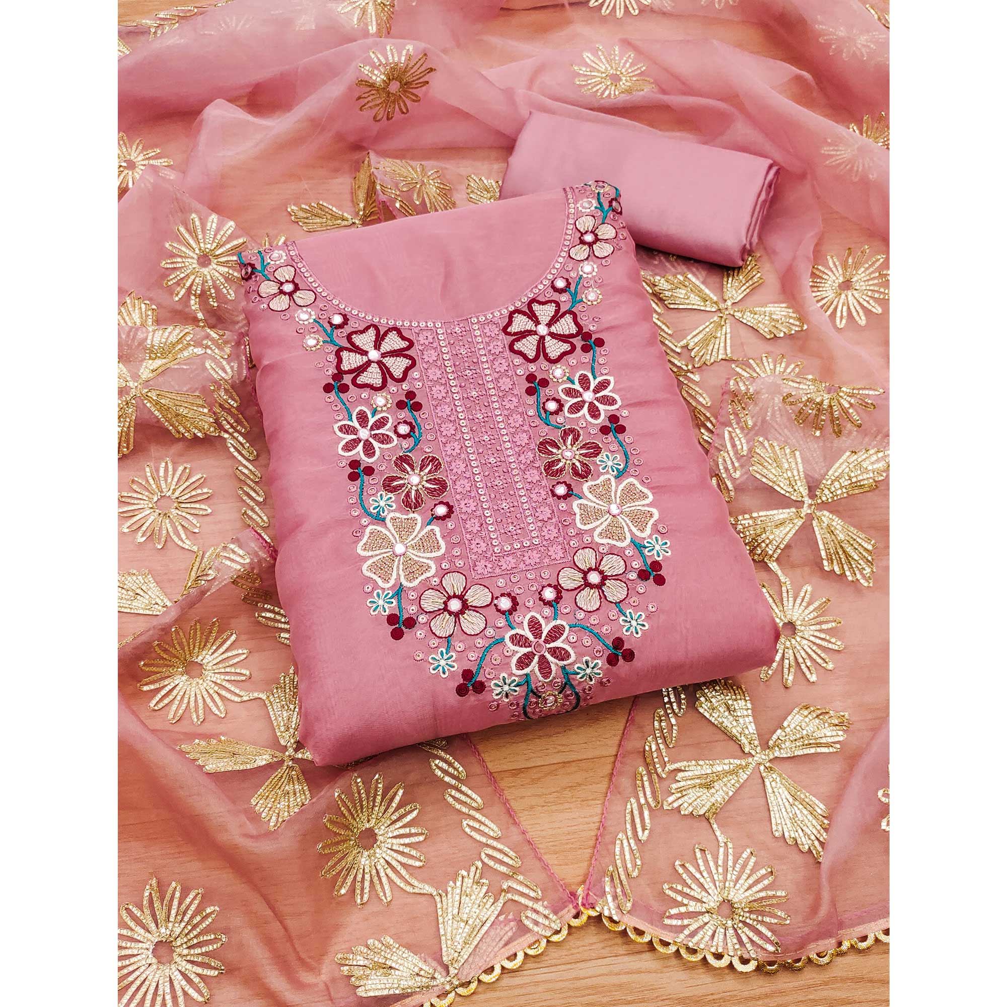 Pink Floral Embroidered Soft Organza Dress Material - Image 3