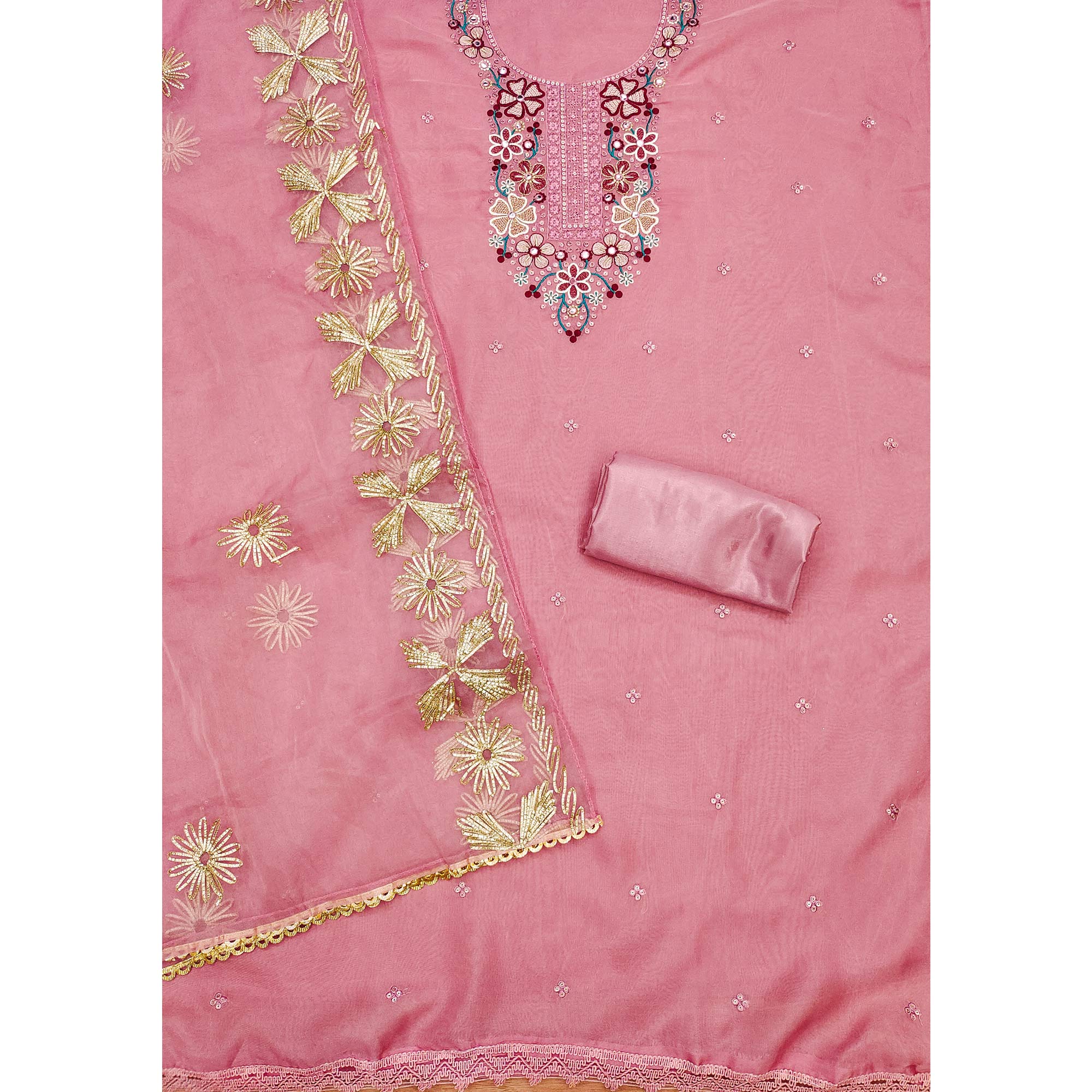 Pink Floral Embroidered Soft Organza Dress Material - Image 4
