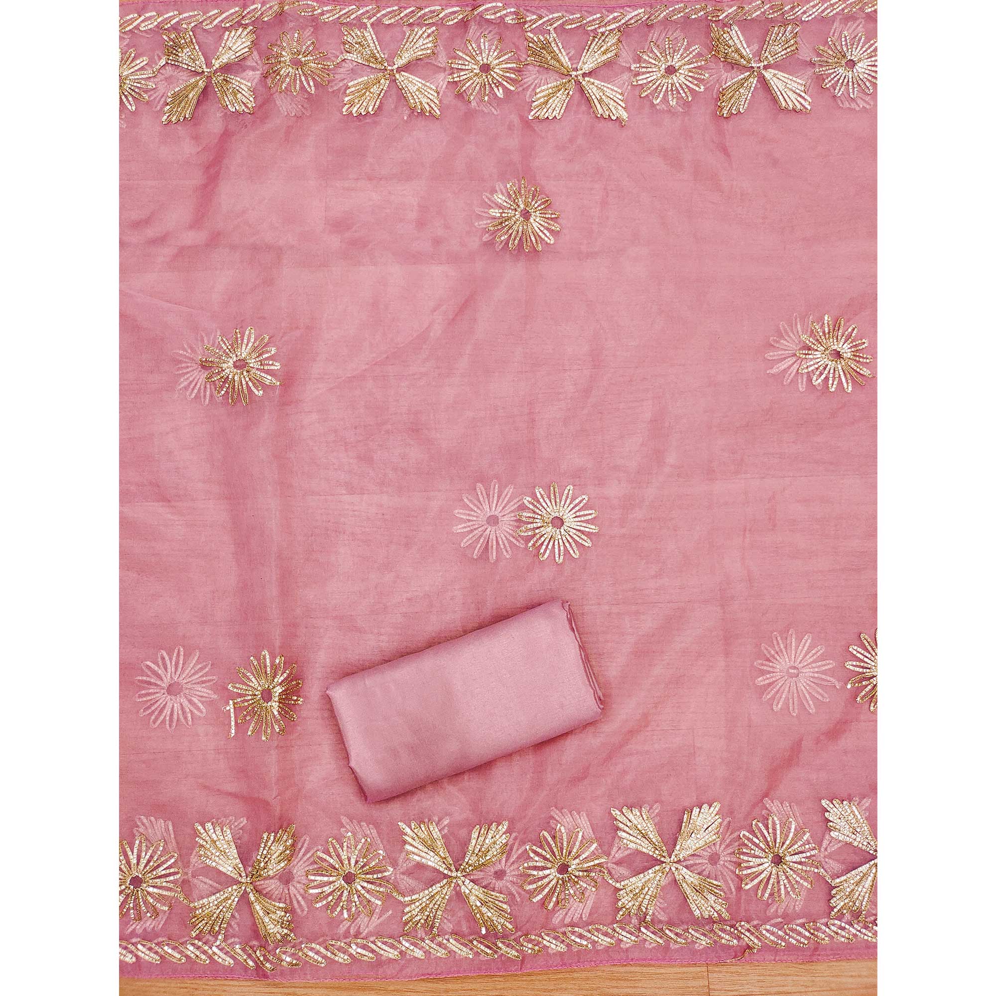 Pink Floral Embroidered Soft Organza Dress Material - Image 5