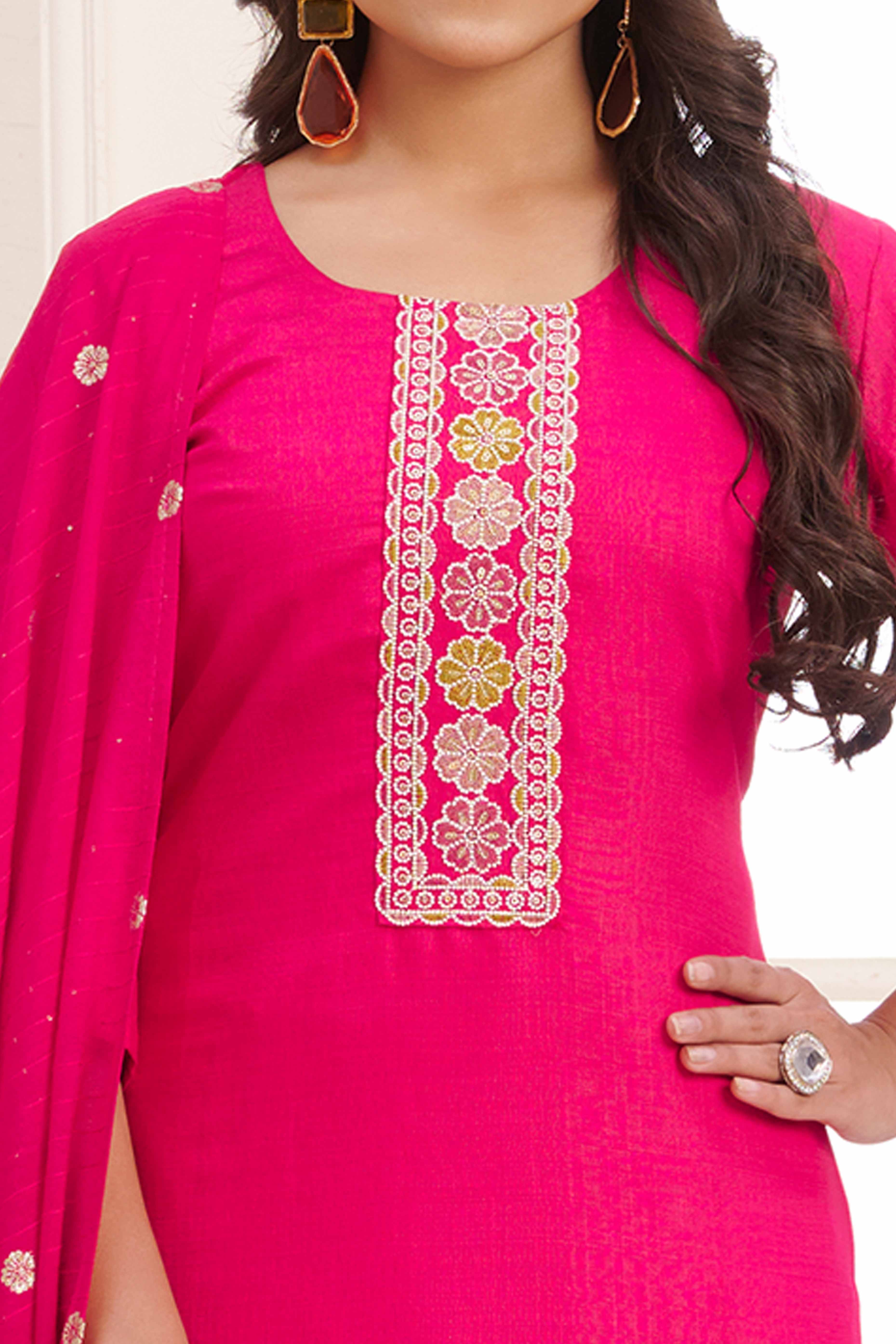 Pink Floral Embroidered Straight Salwar Suit in Viscose Vertican Silk - Image 2