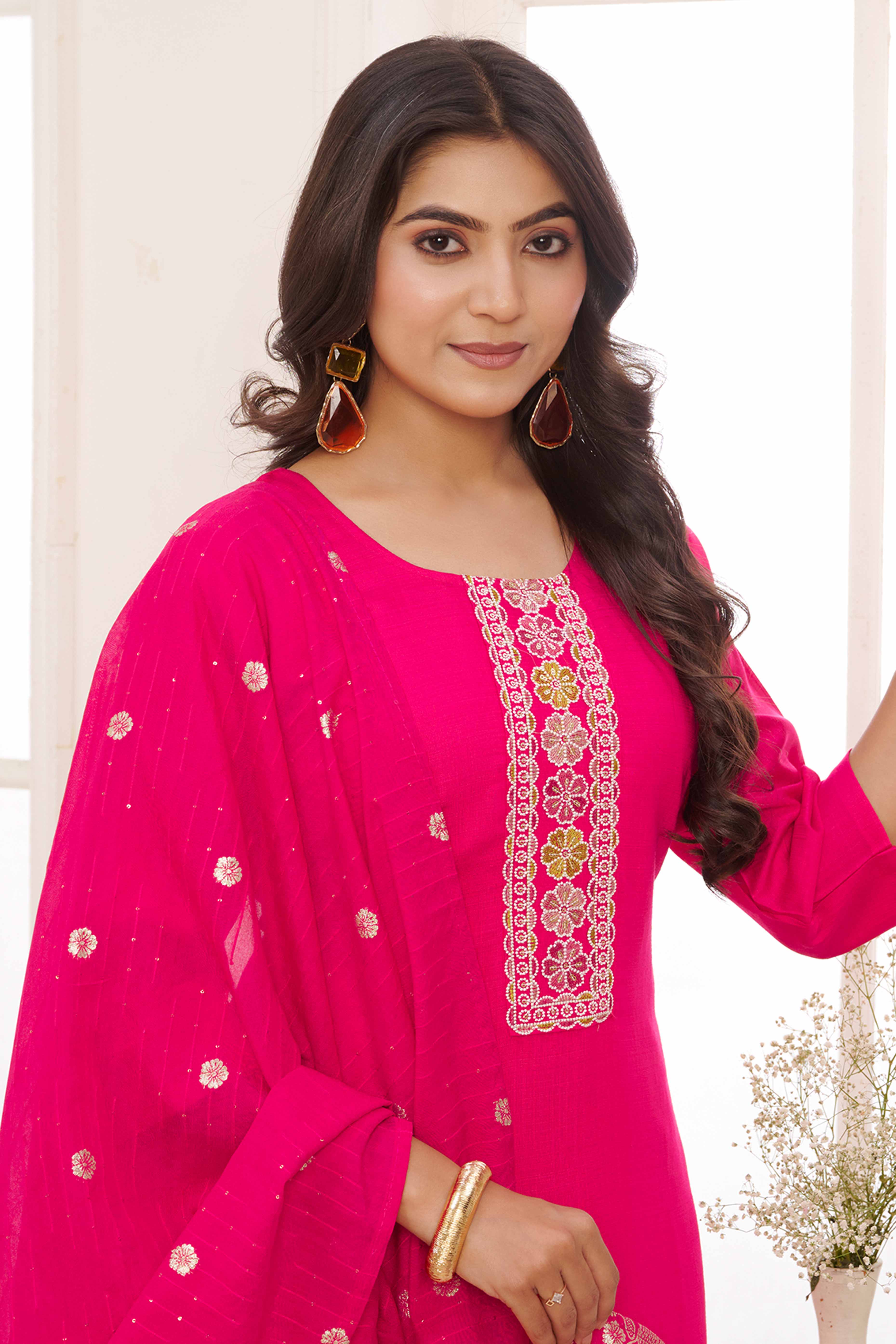 Pink Floral Embroidered Straight Salwar Suit in Viscose Vertican Silk - Image 3