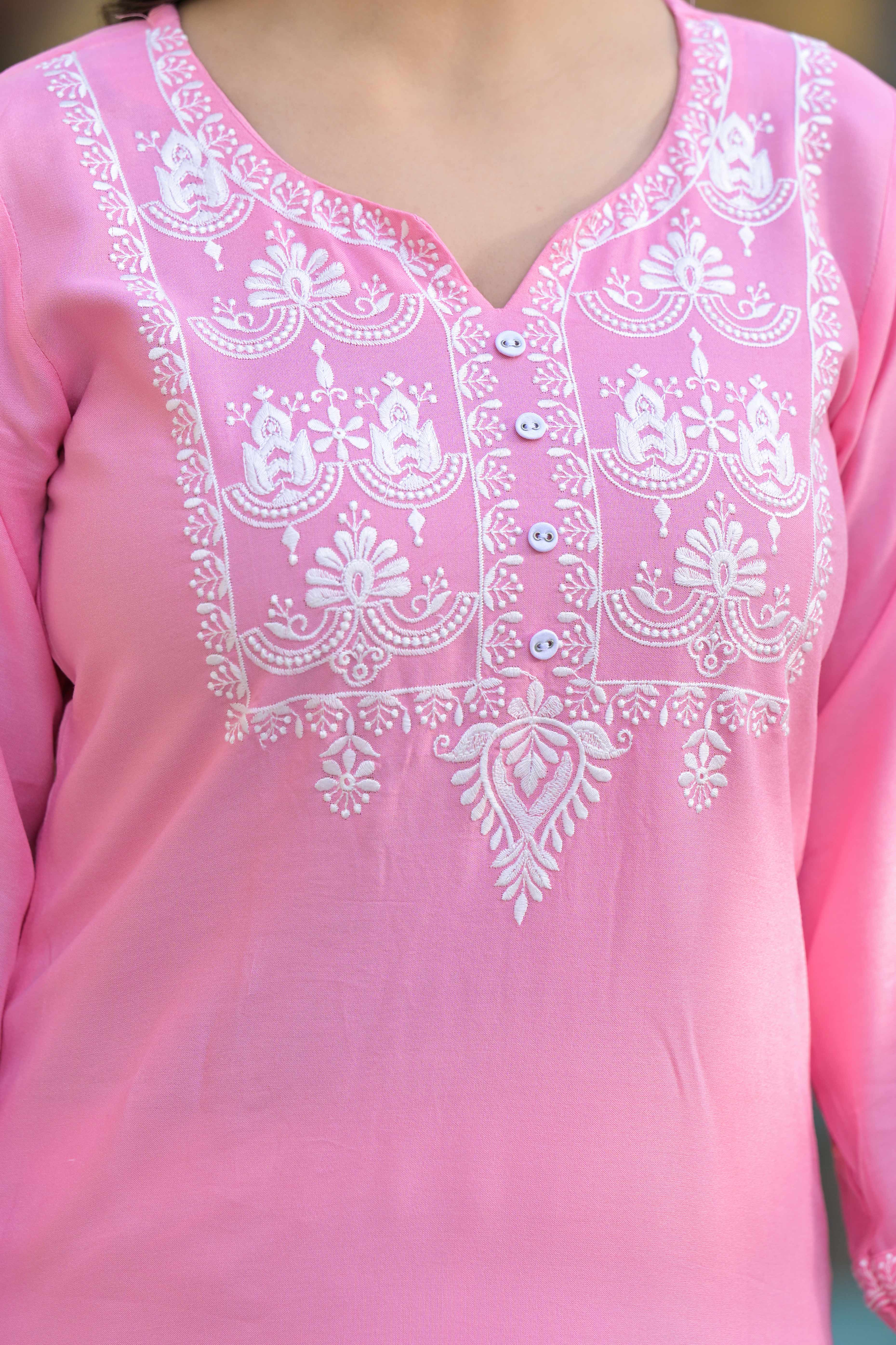 Pink Floral Embroidered Viscose Rayon Straight Top Bottom Set - Image 2