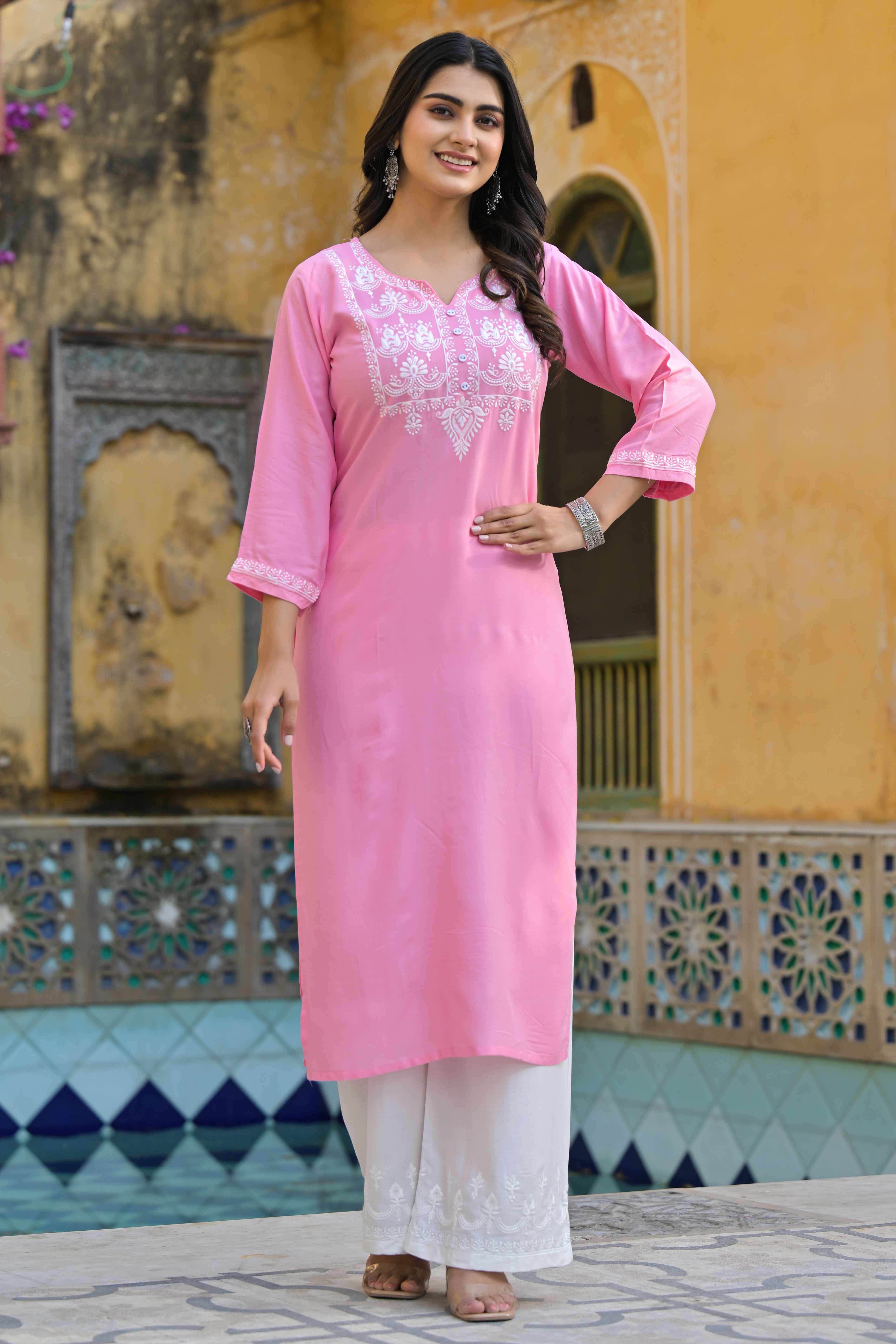 Pink Floral Embroidered Viscose Rayon Straight Top Bottom Set - Image 3