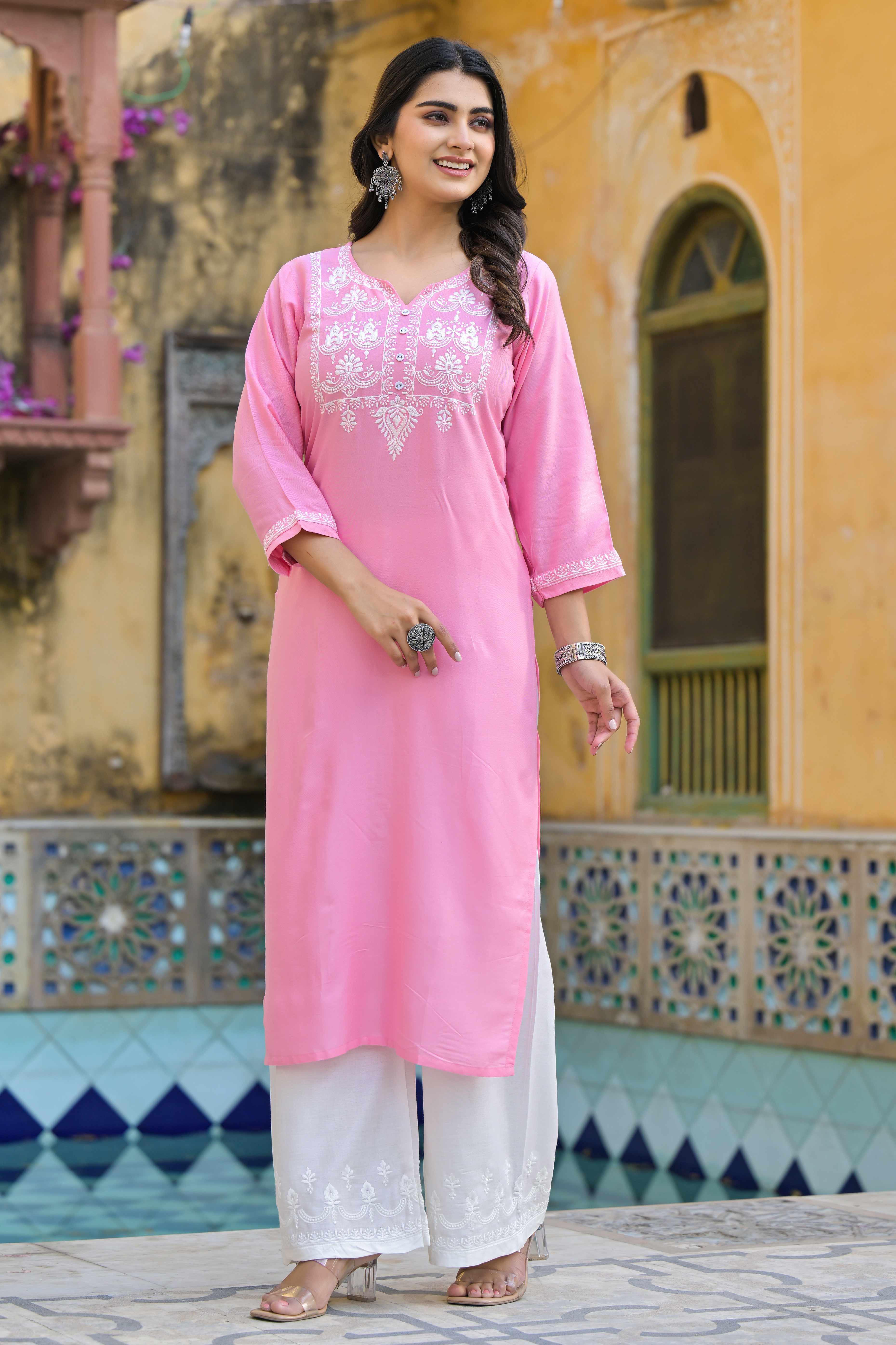Pink Floral Embroidered Viscose Rayon Straight Top Bottom Set - Image 4