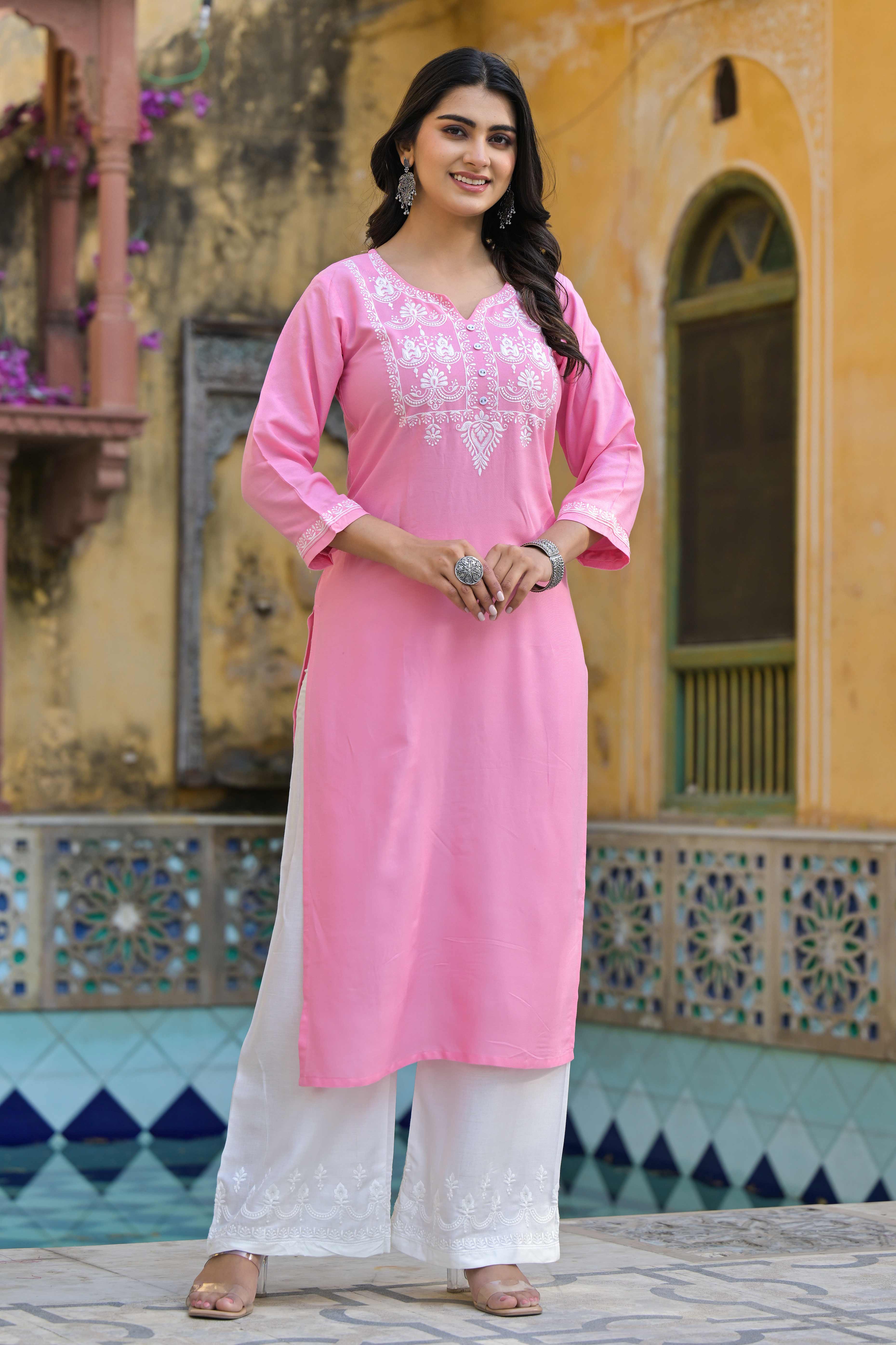 Pink Floral Embroidered Viscose Rayon Straight Top Bottom Set - Image 7