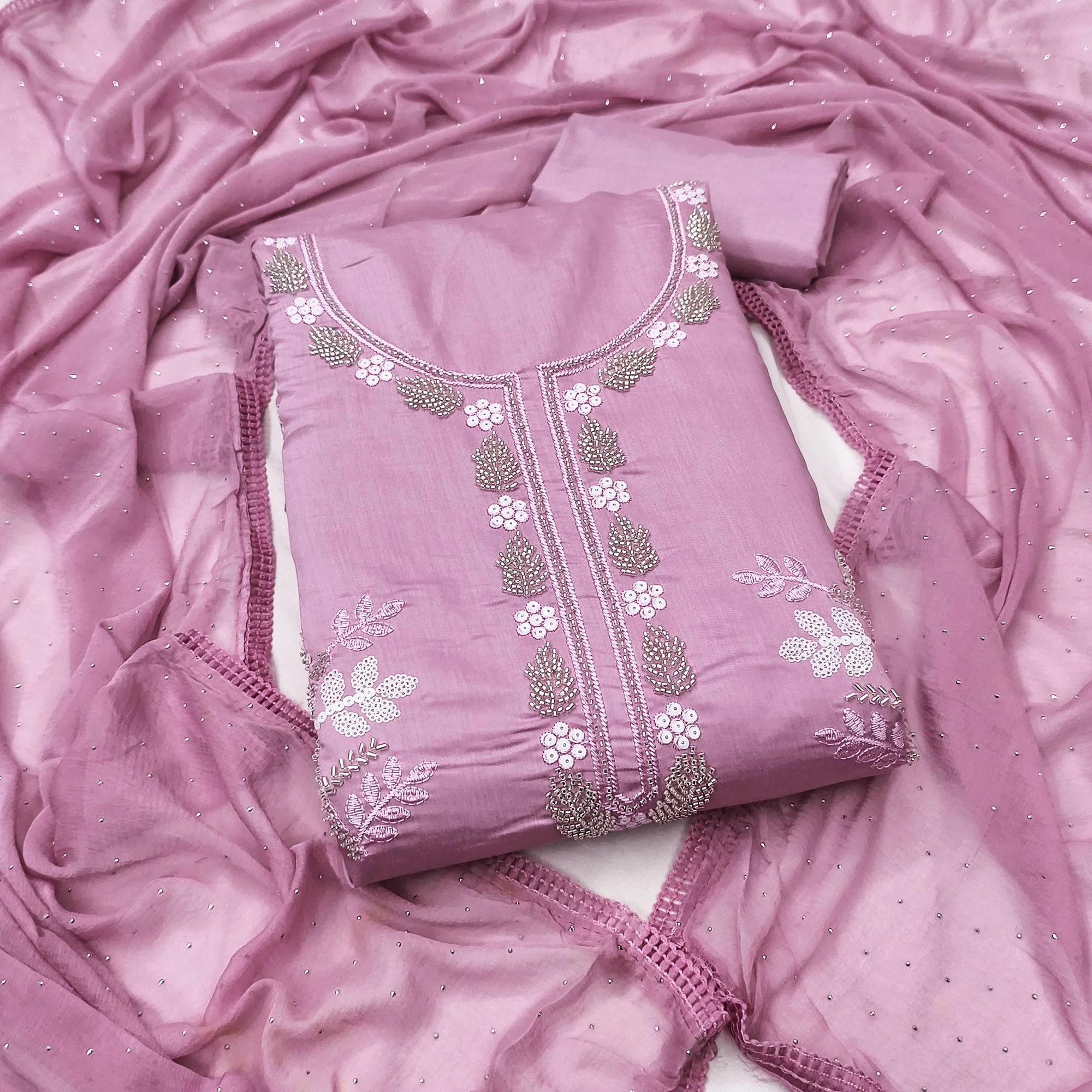 Pink Floral Embroidered Viscose Suit Fabric with Exquisite Beads Work