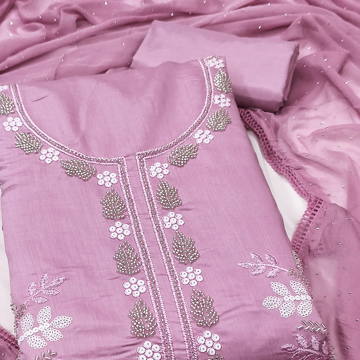 Pink Floral Embroidered Viscose Suit Fabric with Exquisite Beads Work - Image 2