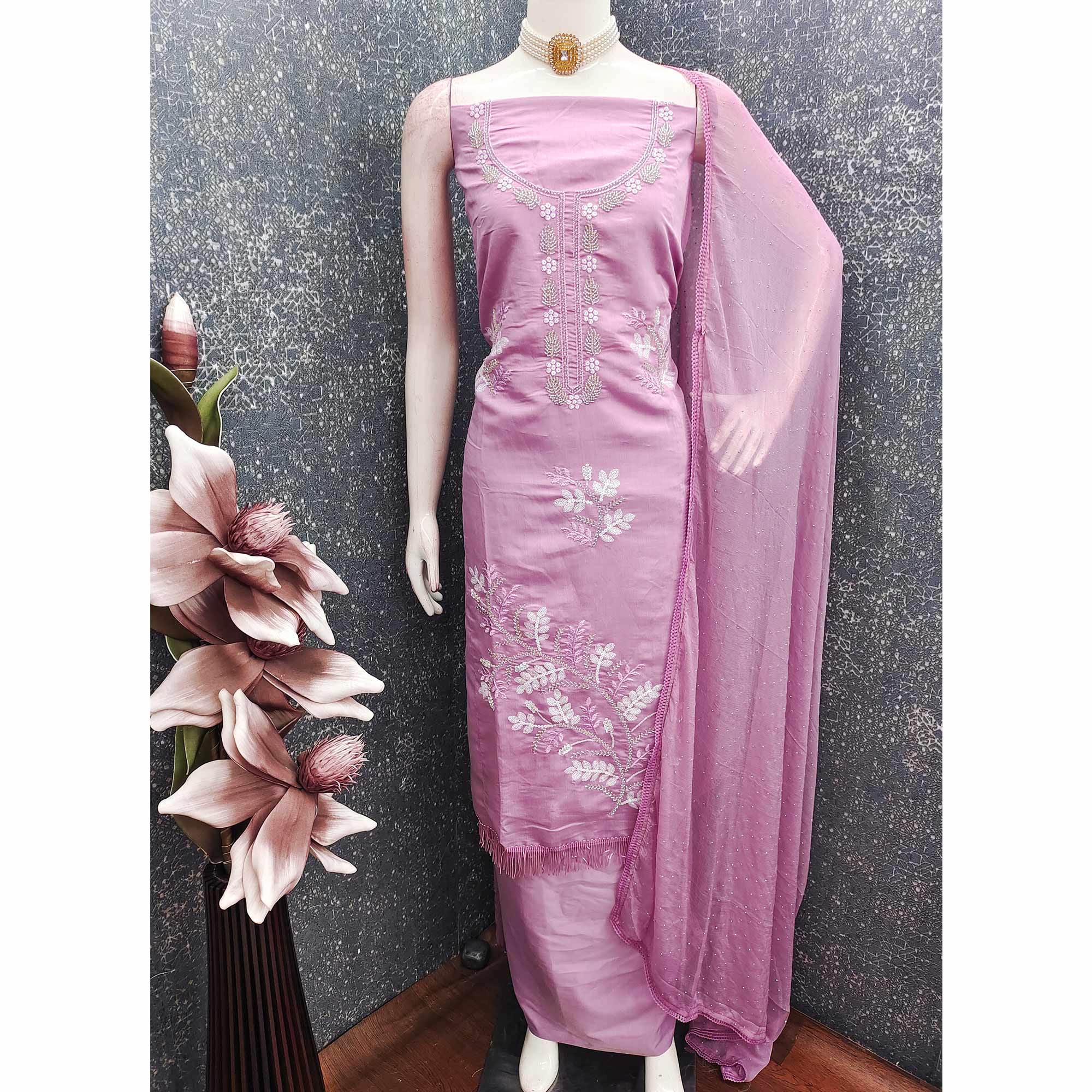 Pink Floral Embroidered Viscose Suit Fabric with Exquisite Beads Work - Image 3