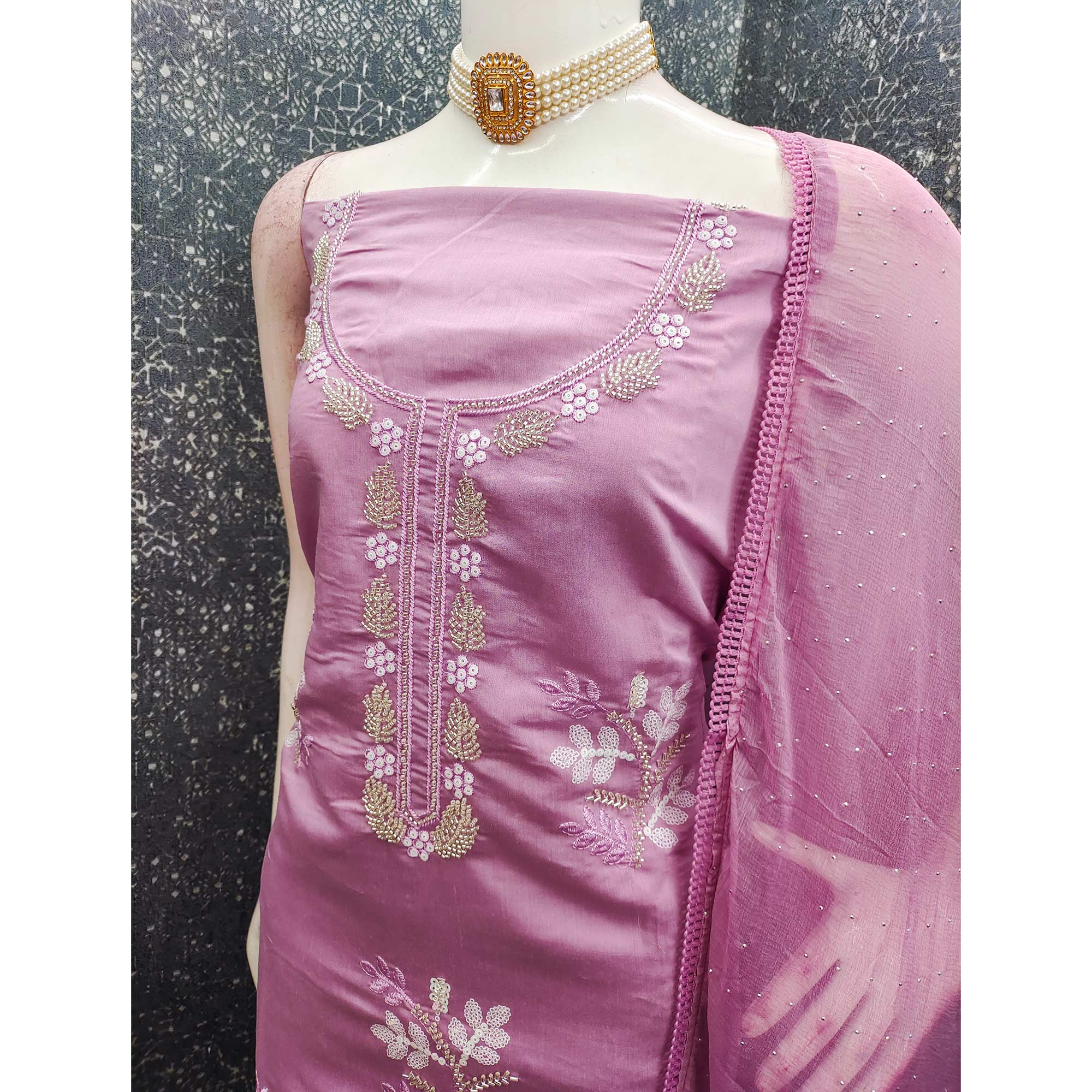 Pink Floral Embroidered Viscose Suit Fabric with Exquisite Beads Work - Image 4