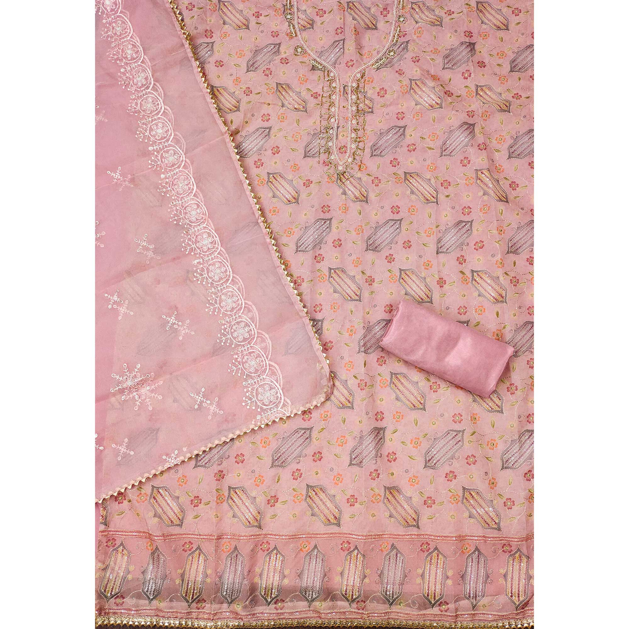 Pink Floral Embroidered With Handwork Organza Dress Material - Image 4