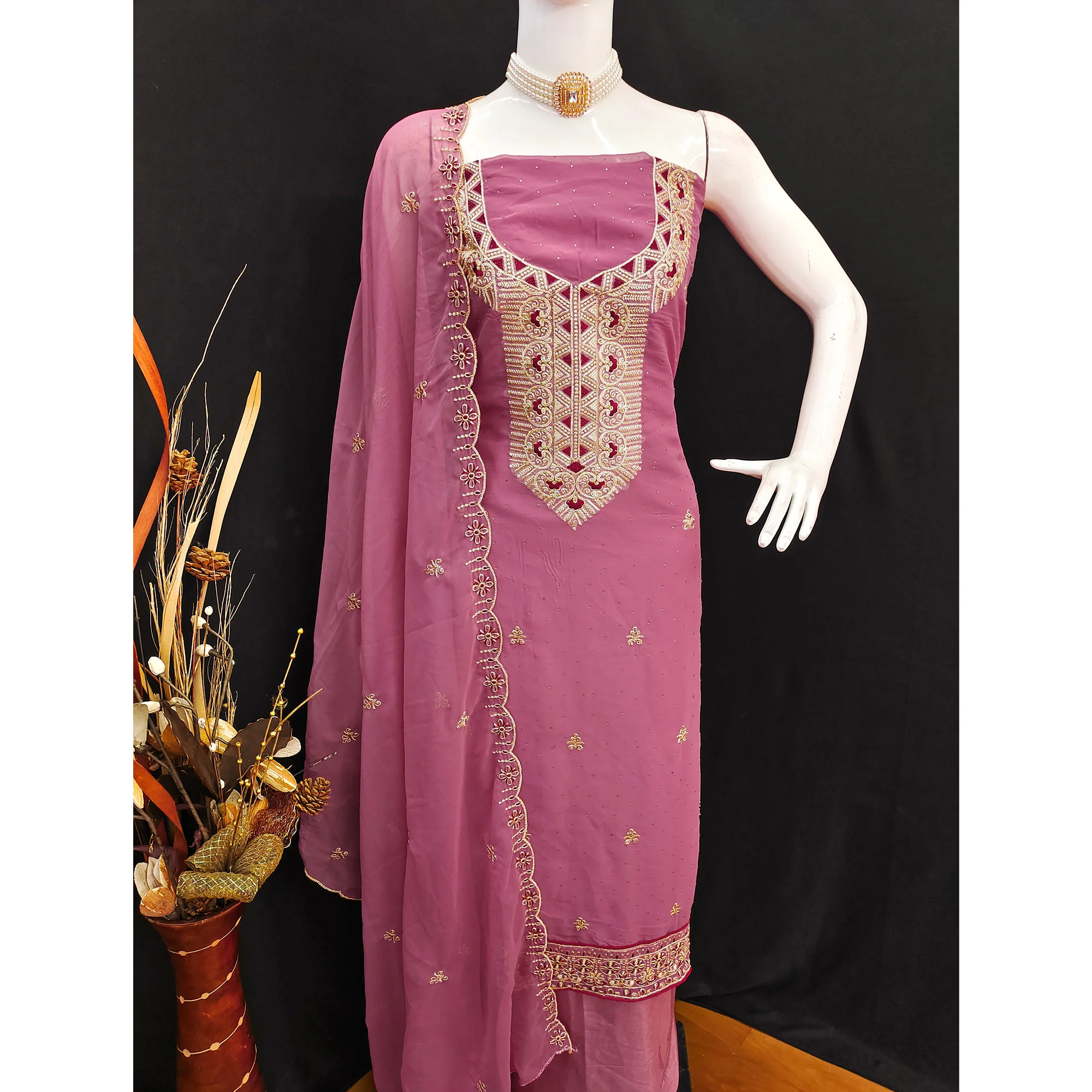 Pink Floral Embroidered With Stonework Georgette Dress Material - Image 5