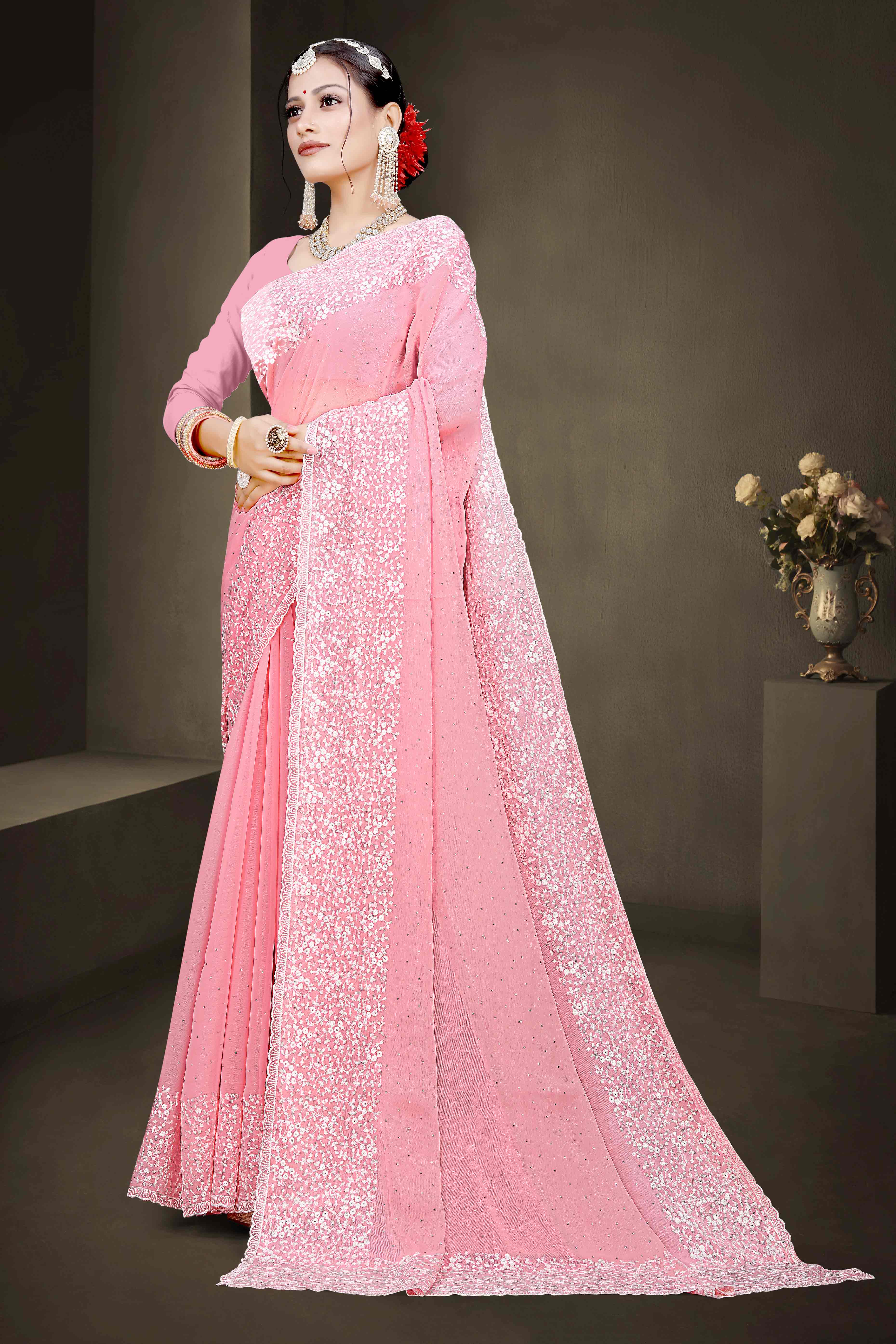 Pink Floral Embroidery With Stonework Chiffon Shimmer Saree - Image 3