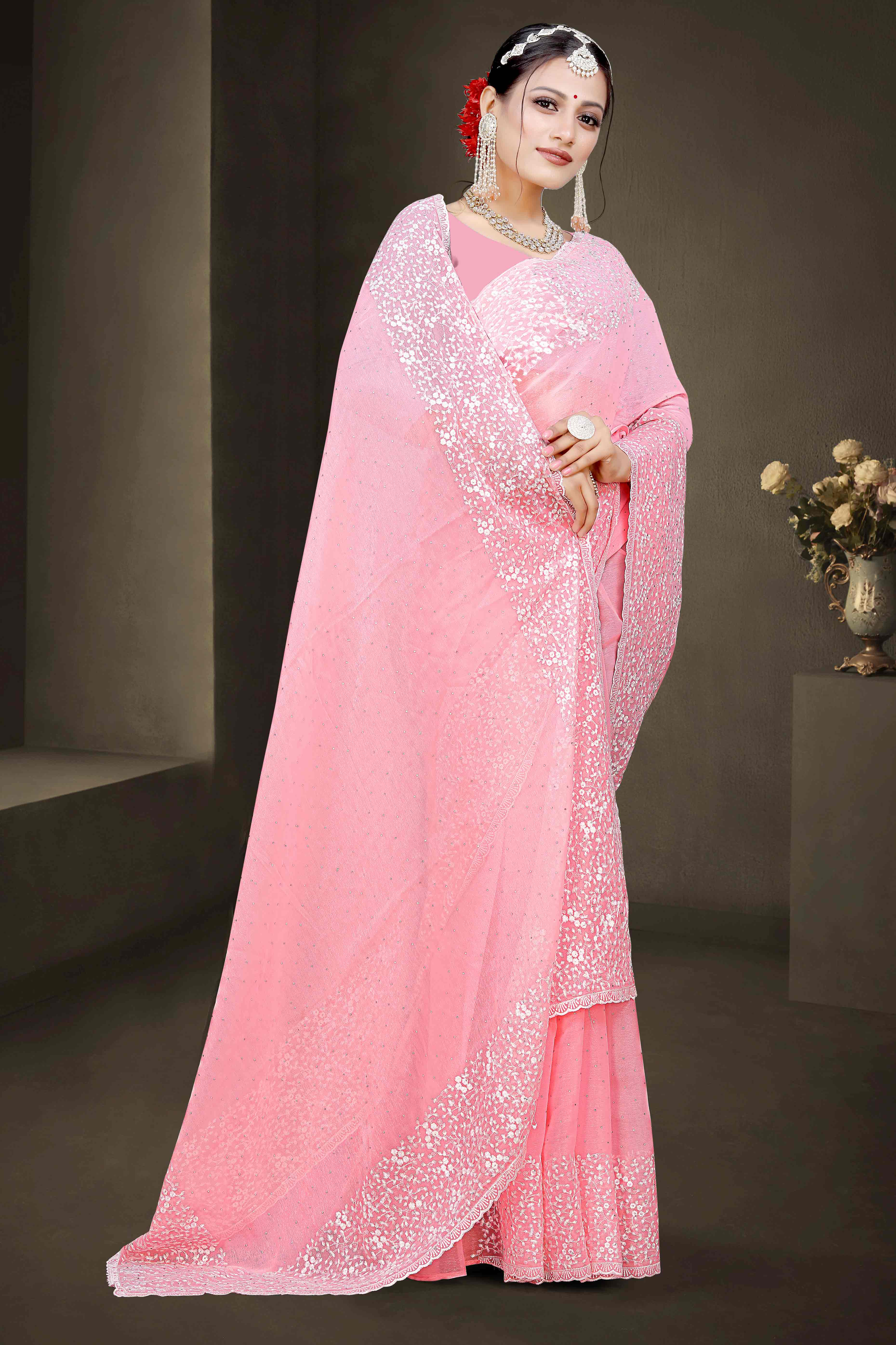 Pink Floral Embroidery With Stonework Chiffon Shimmer Saree - Image 4
