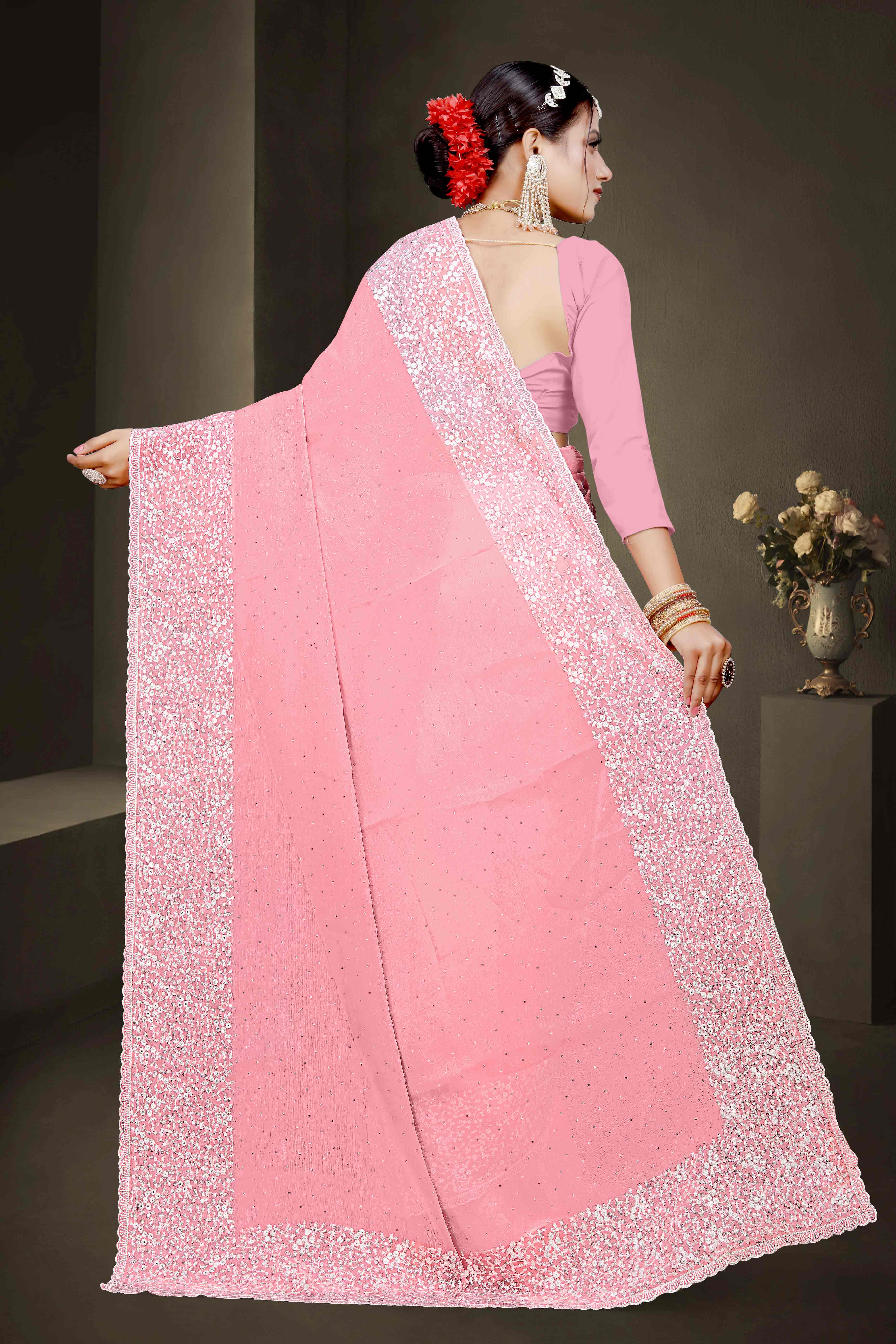 Pink Floral Embroidery With Stonework Chiffon Shimmer Saree - Image 5