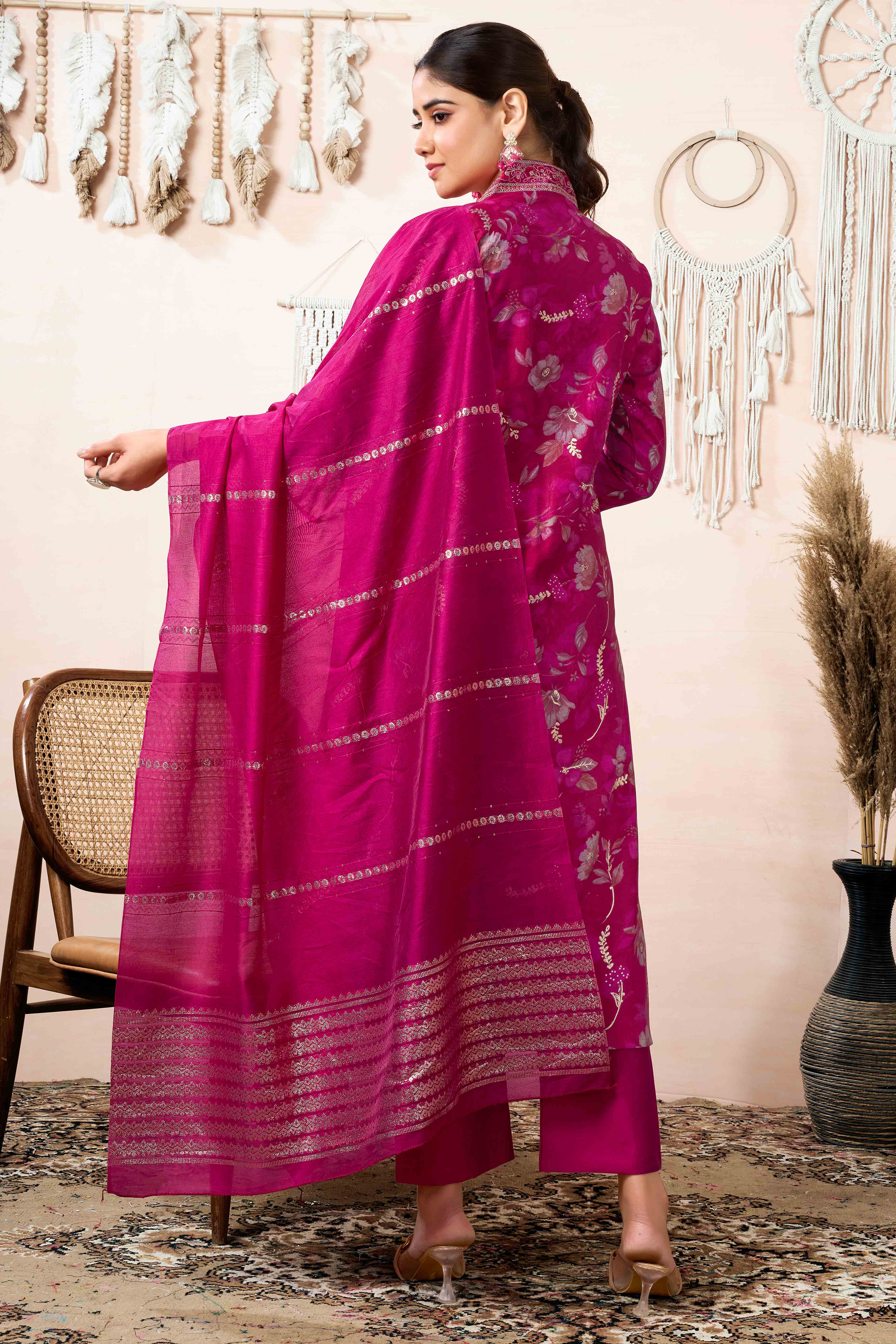 Pink Floral Foil Printed Cotton Silk Straight Salwar Suit - Image 4