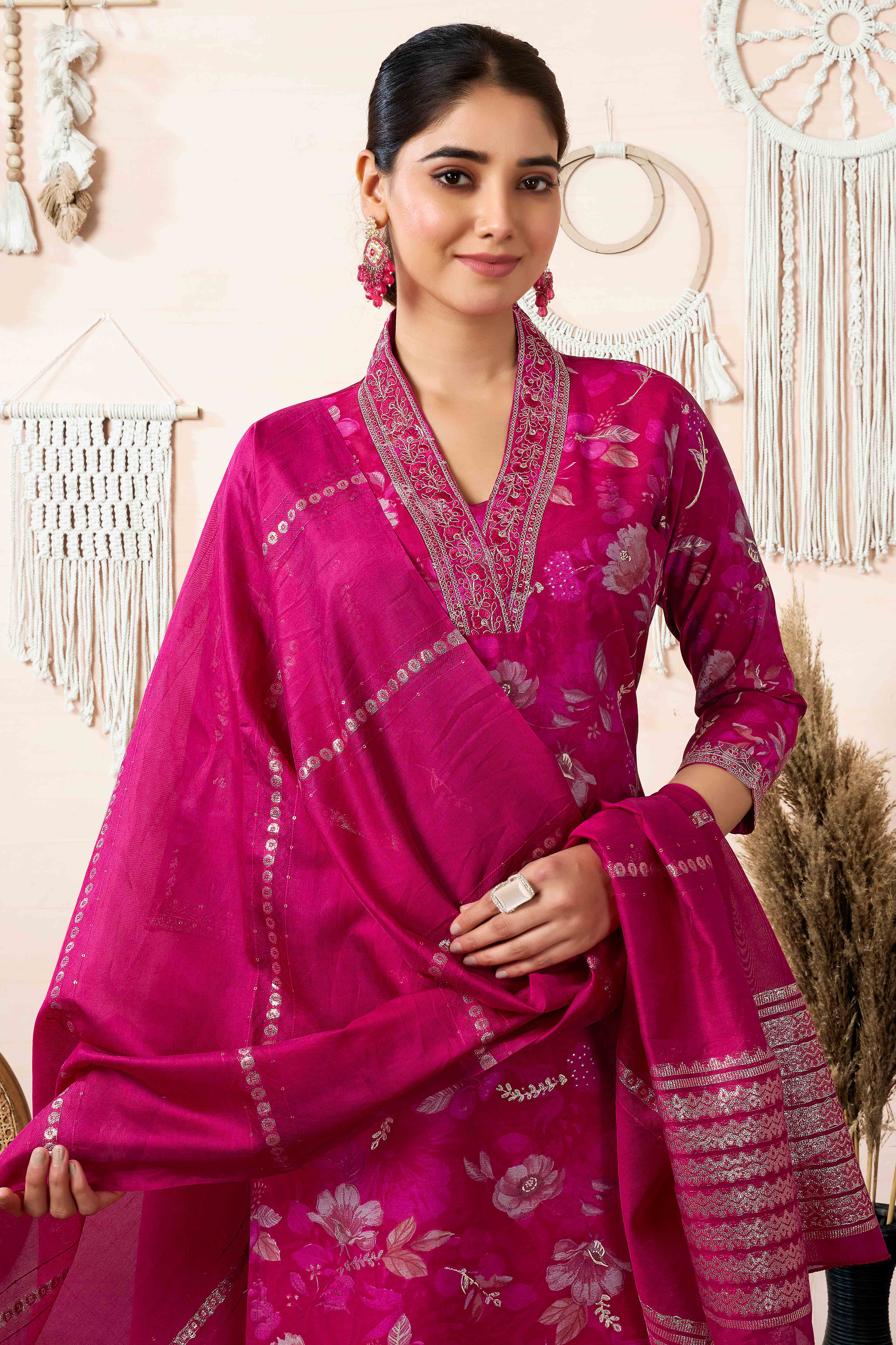 Pink Floral Foil Printed Cotton Silk Straight Salwar Suit - Image 5