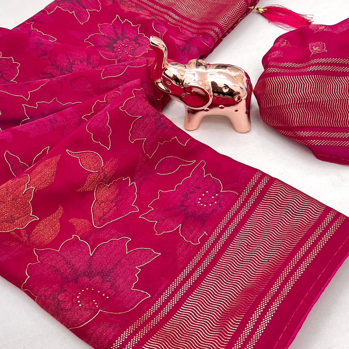 Pink Floral Foil Printed Georgette Saree With Tassels - Image 2