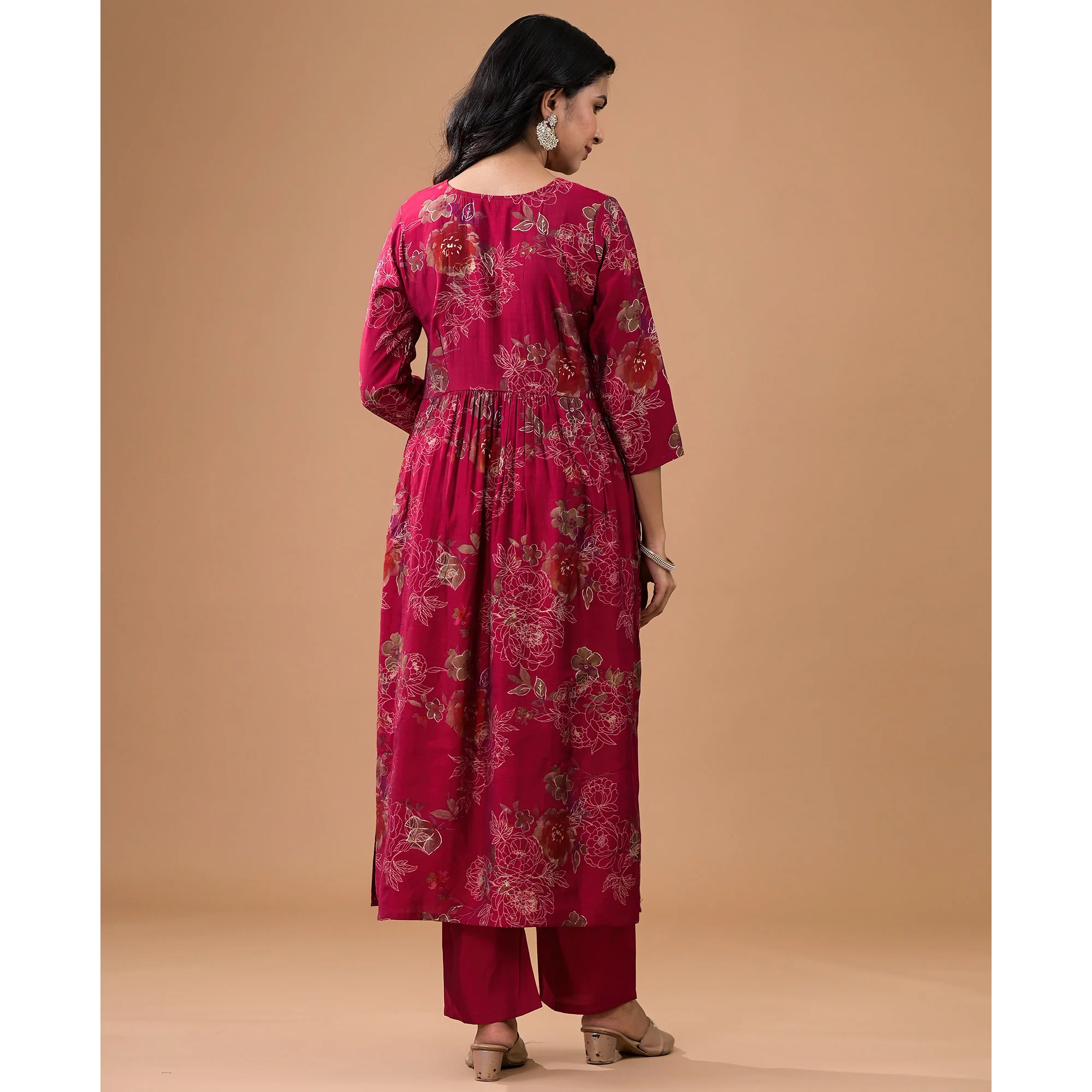 Rani Pink Floral Foil Printed With Handwork Chanderi Anarkali Suit - Image 6