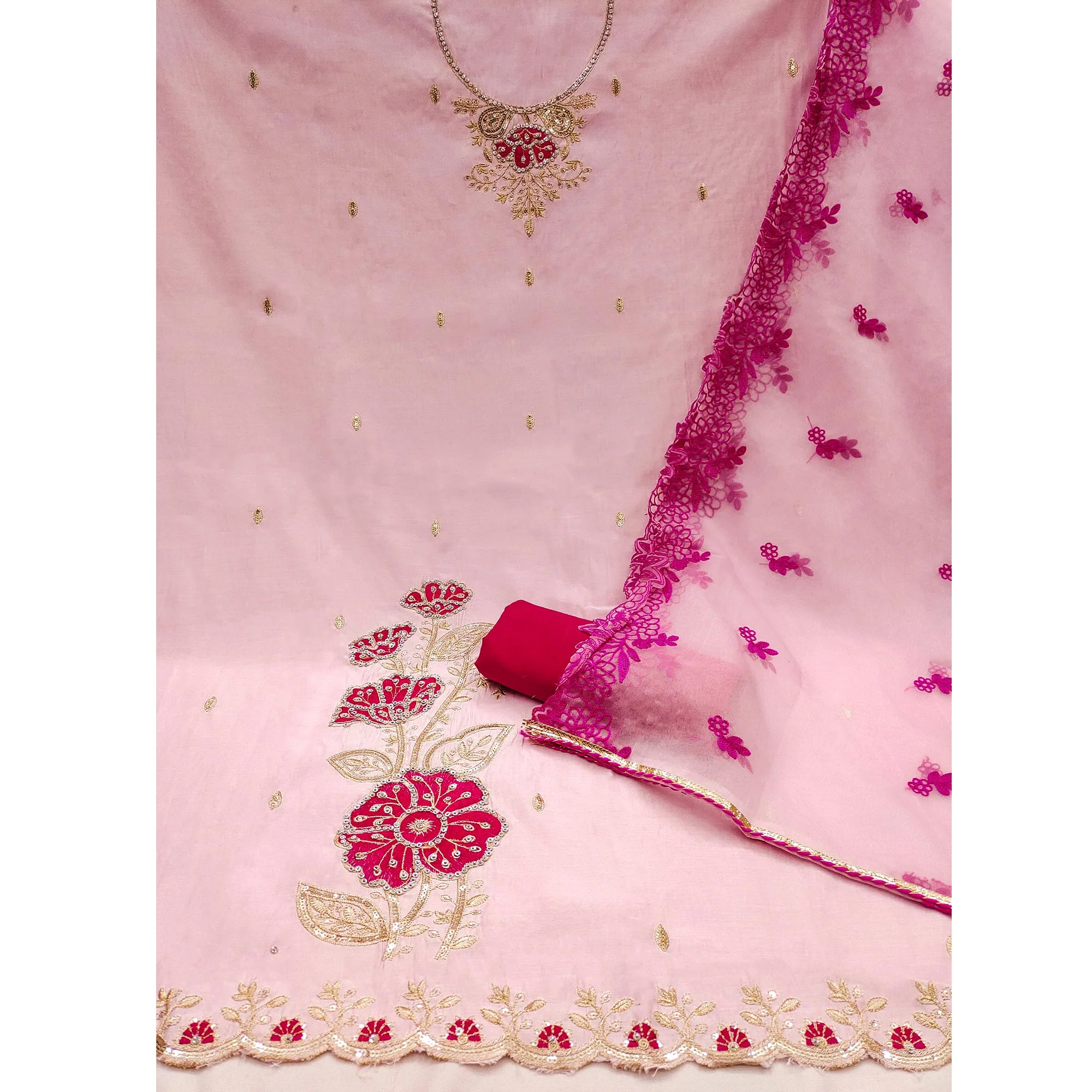 Pink Floral Hand Embroidered Cotton Silk Dress Material - Image 4