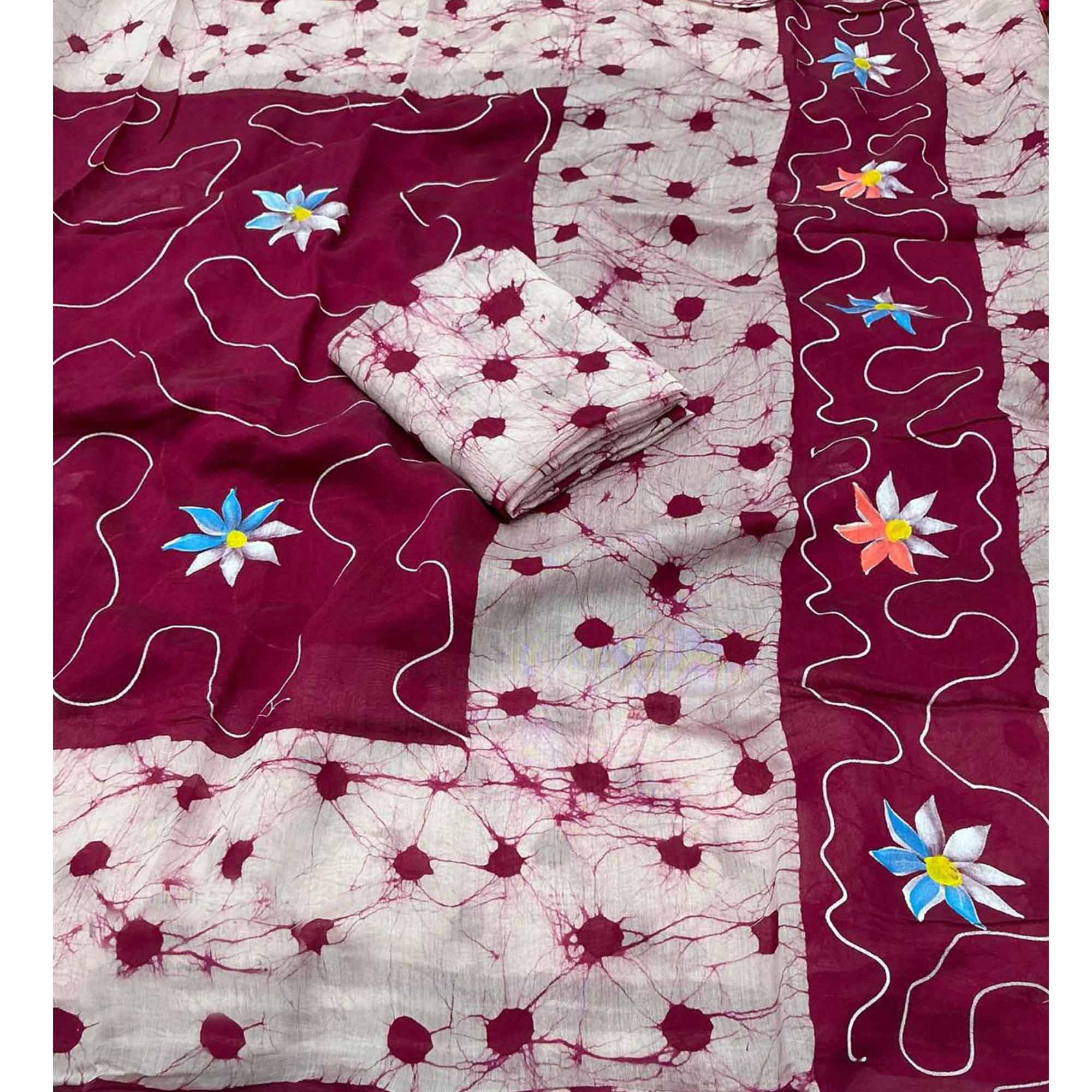 Pink Floral Handprinted Linen Saree for Graceful Ethnic Occasions - Image 4