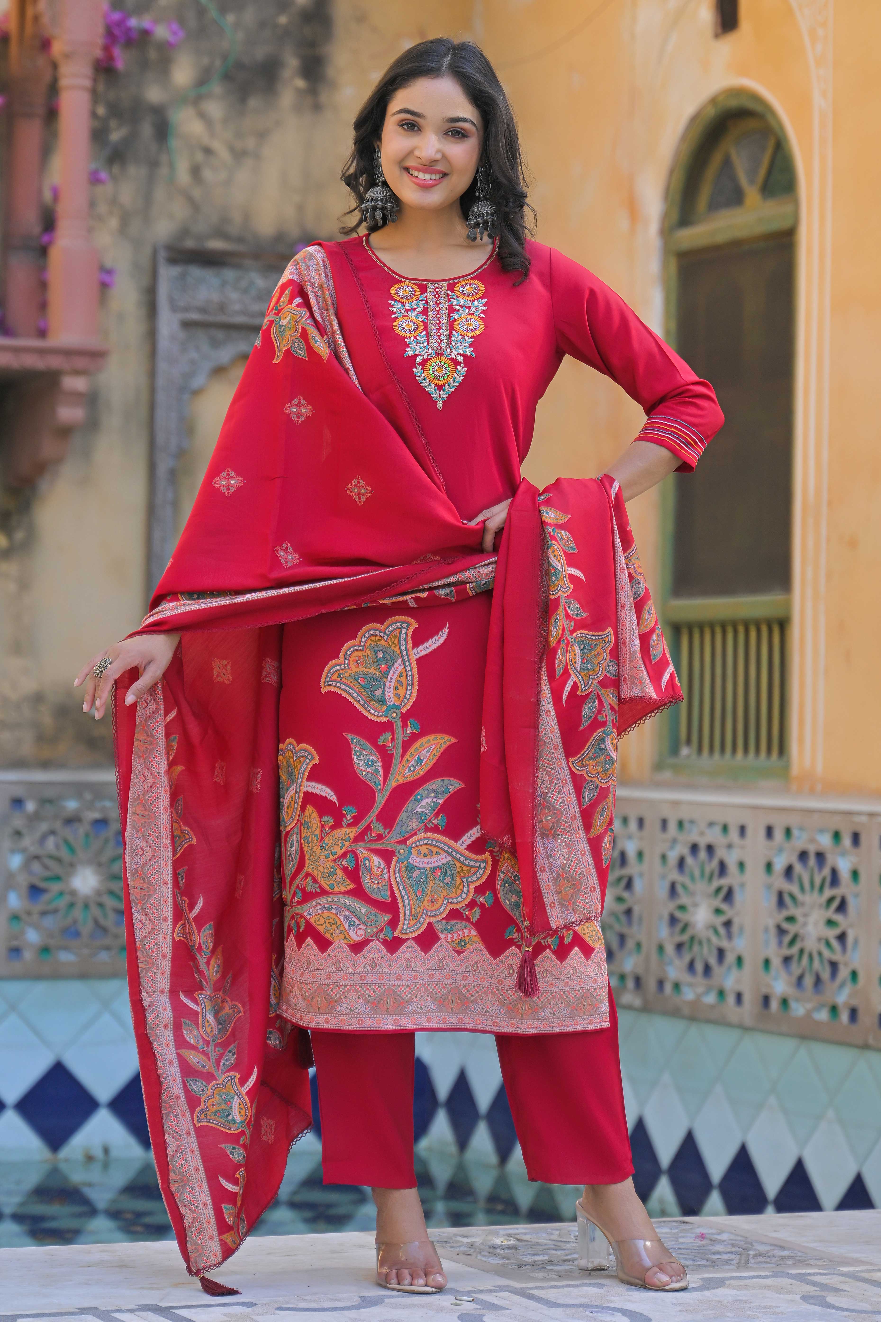 Pink Floral Handwork Embroidered Chanderi Silk Straight Salwar Suit - Image 2