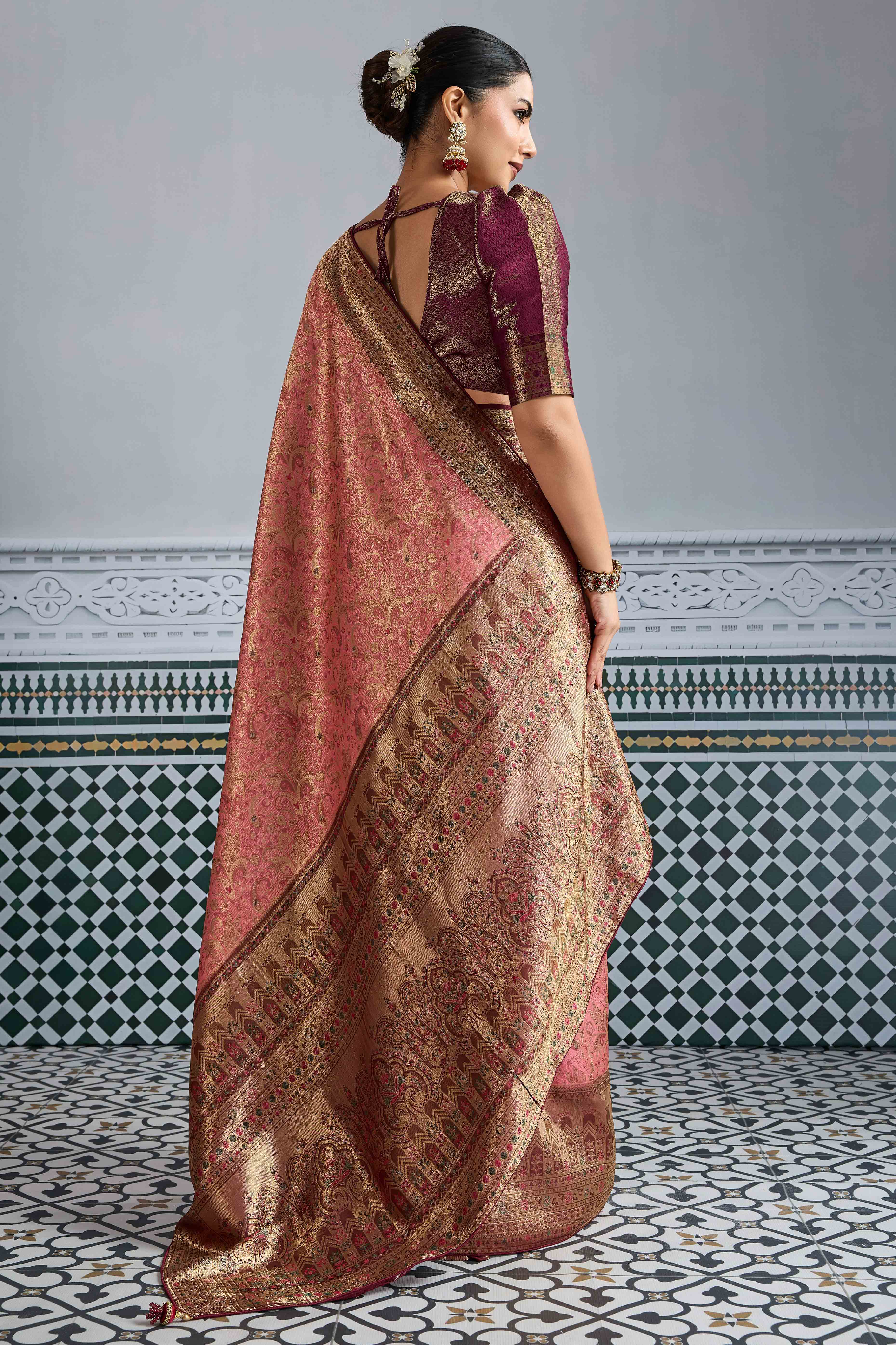 Pink Floral Meenakari Weaving Kanjivaram Silk Saree With Rich Piping & Tassel Pallu - Image 5