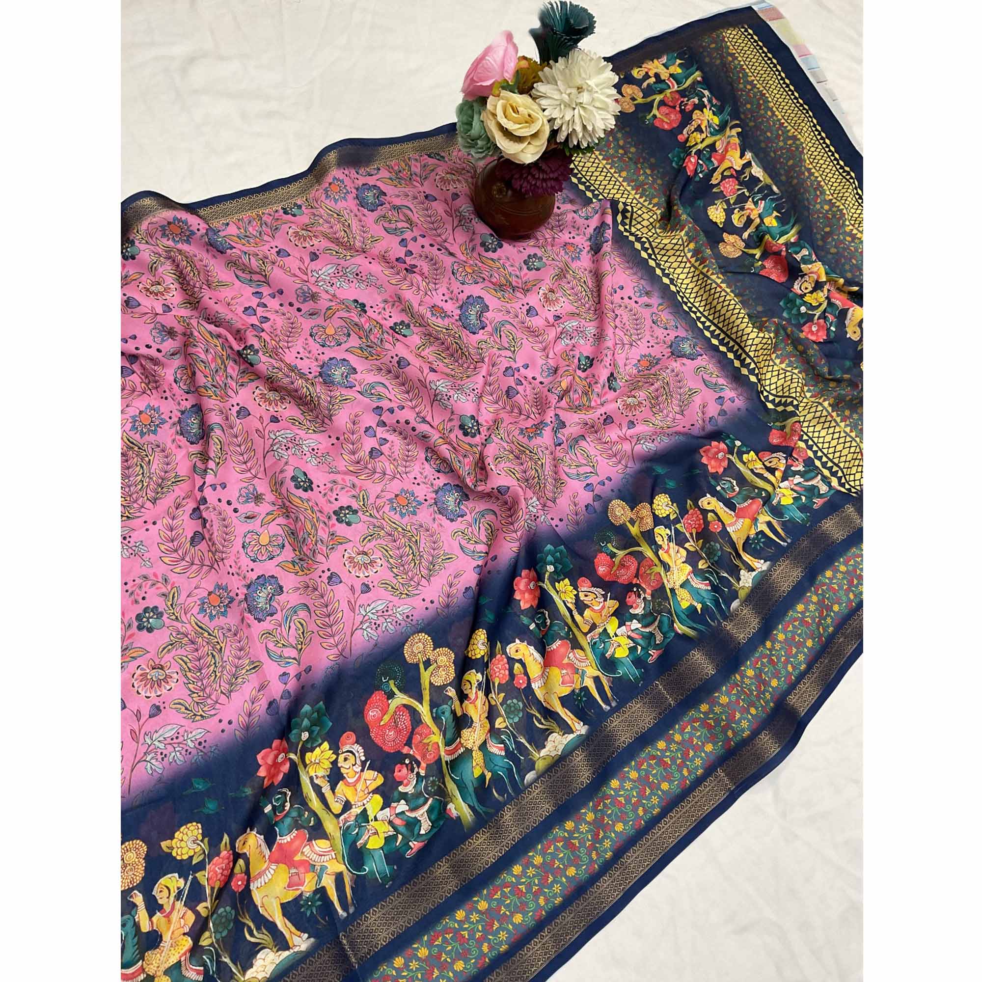 Pink Floral Moss Georgette Saree with Elegant Drape & Soft Texture - Image 3