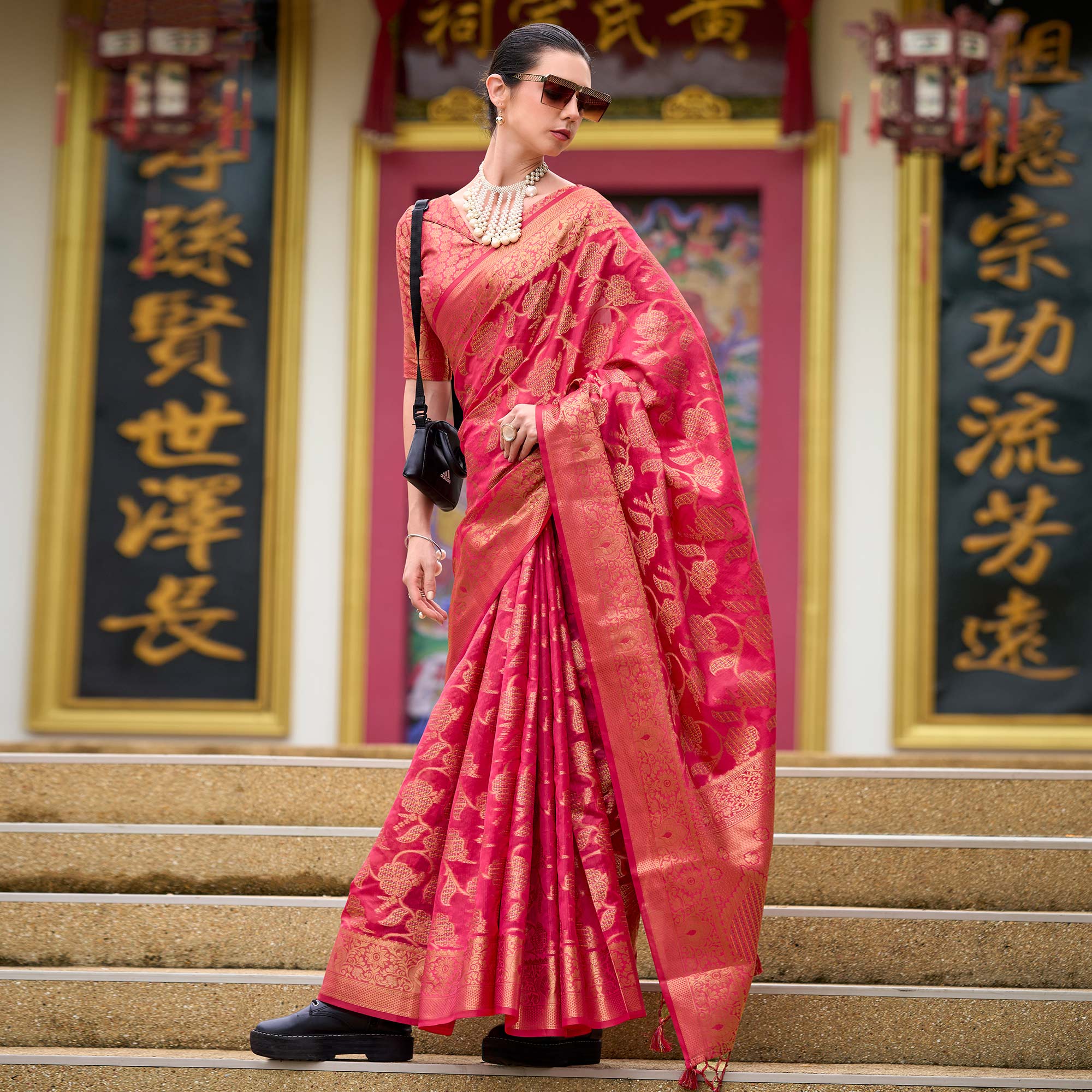 Pink Floral Motifs Woven Organza Saree - Image 2