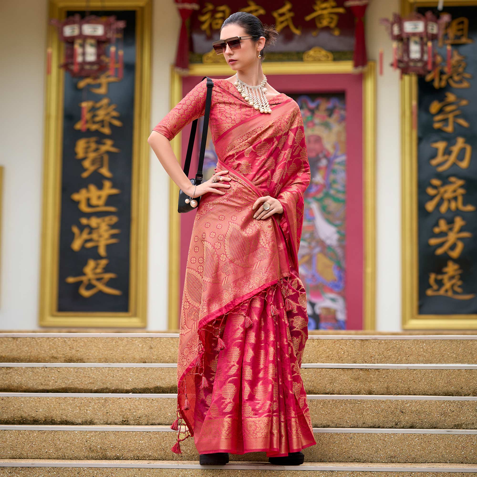 Pink Floral Motifs Woven Organza Saree - Image 4
