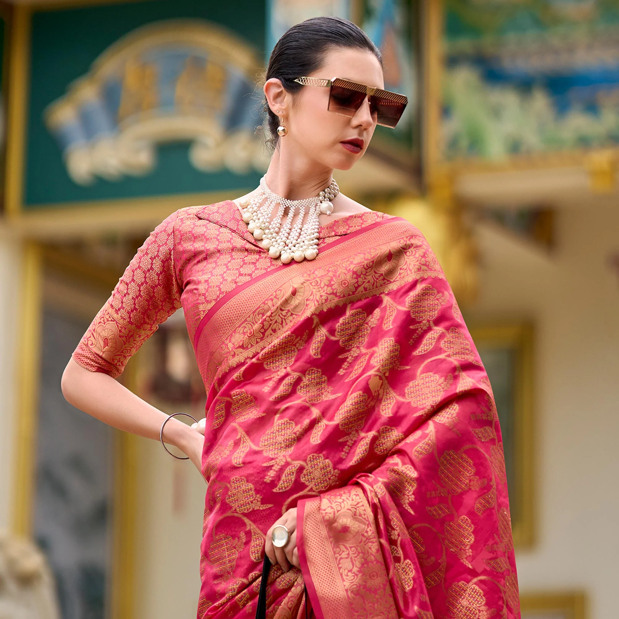 Pink Floral Motifs Woven Organza Saree - Image 5