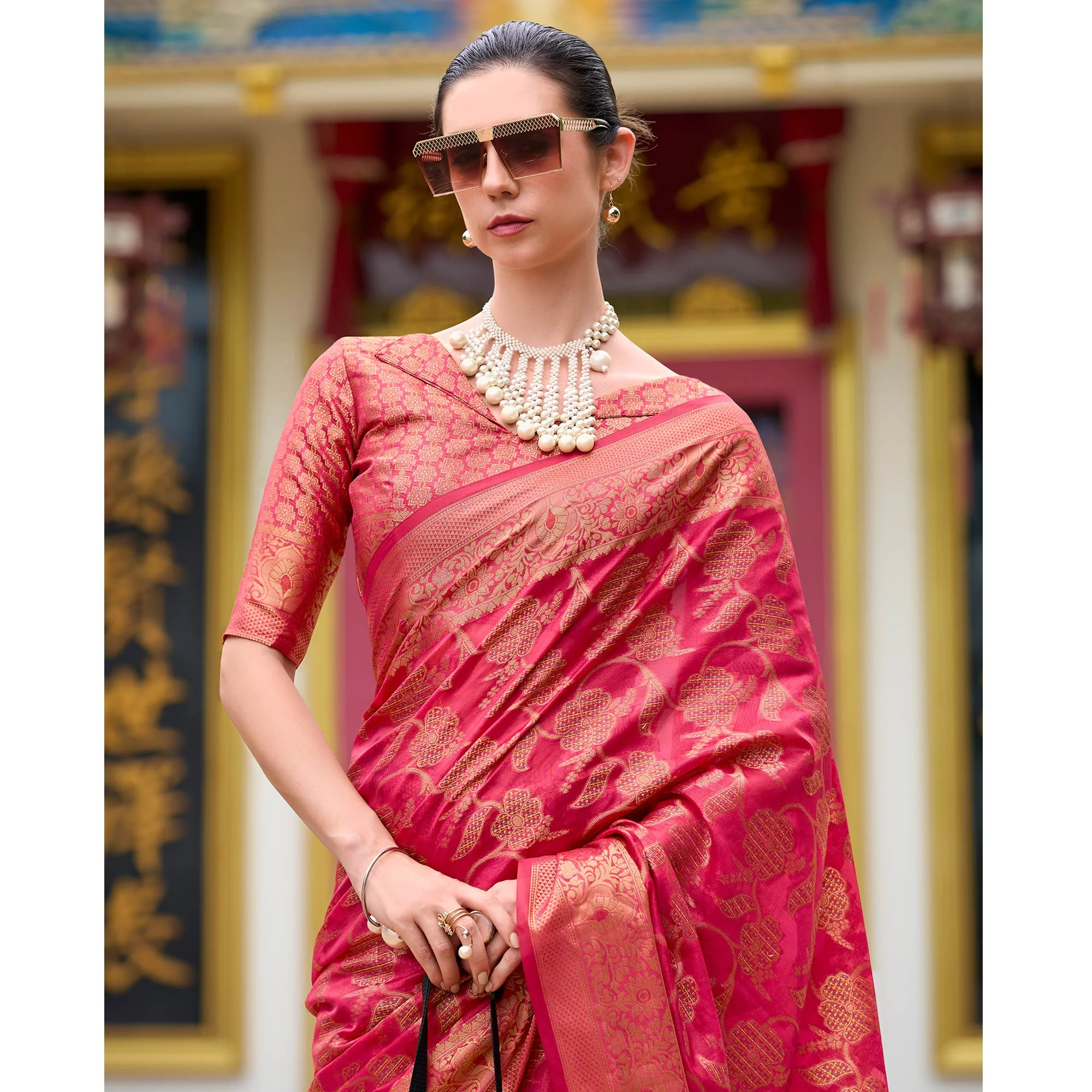 Pink Floral Motifs Woven Organza Saree - Image 6