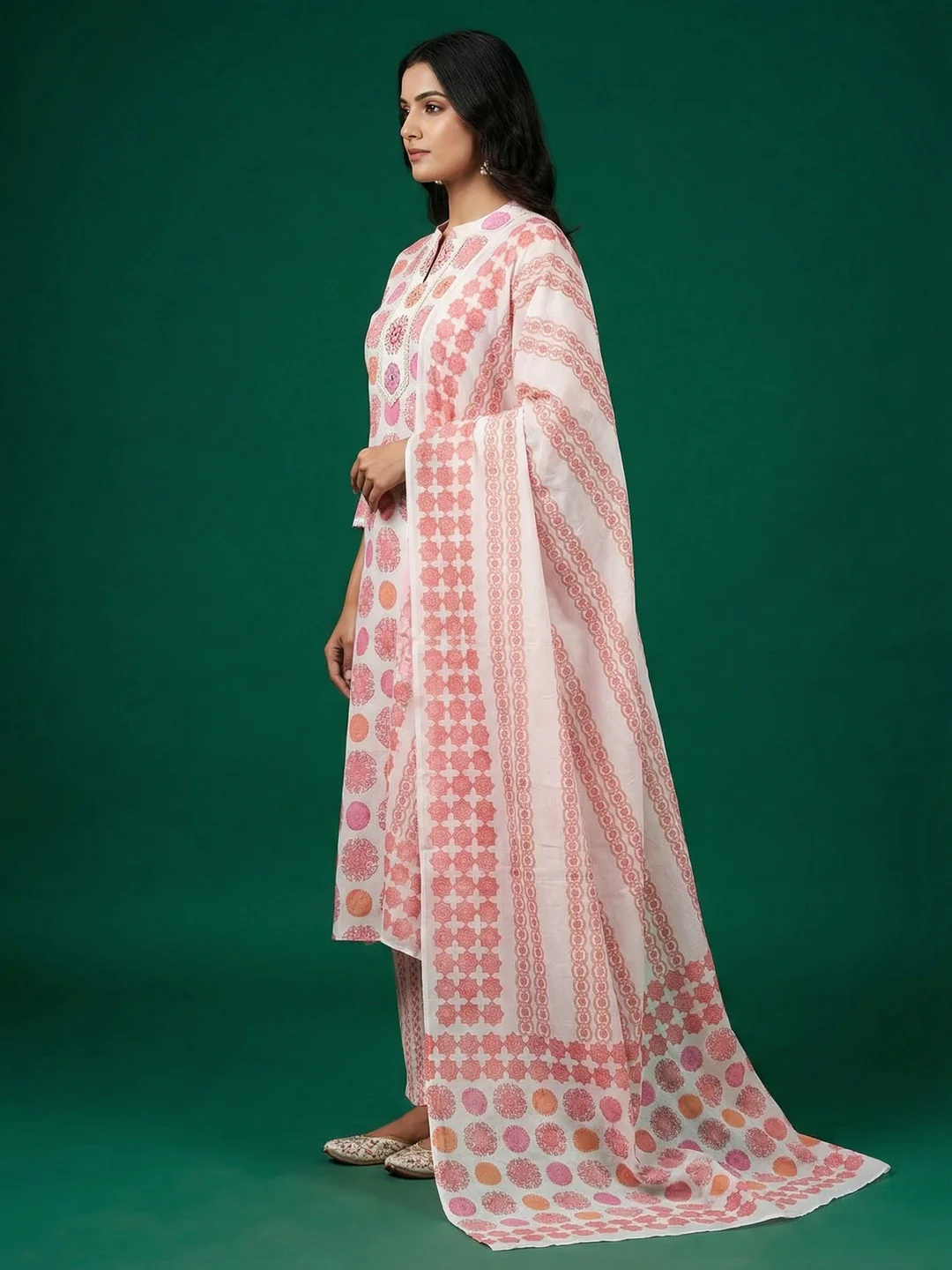 Pink Floral Print Pure Cotton Salwar Suit Set with Straight Fit Design - Image 4