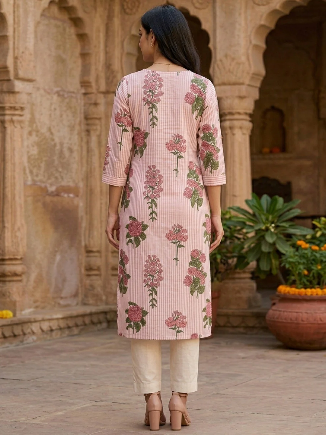 Pink Floral Print Pure Cotton Straight Cut Kurti with Comfortable Fit and Stylish Look - Image 4