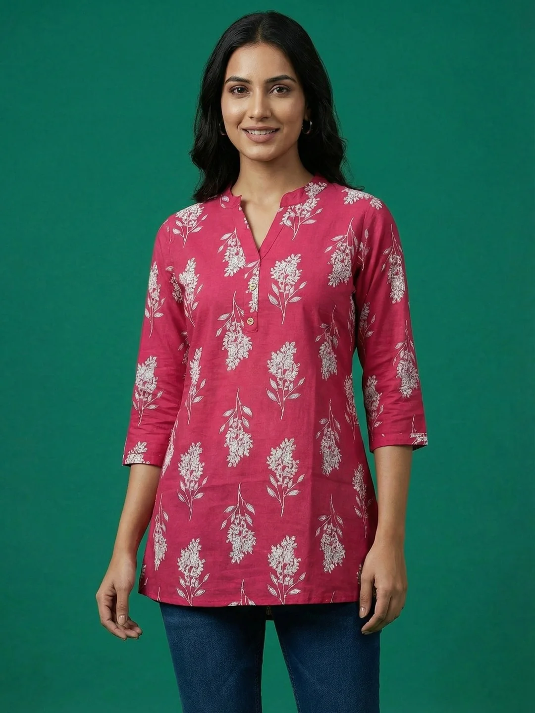 Pink Floral Print Pure Cotton Top Crafted for Relaxed Casual Wear