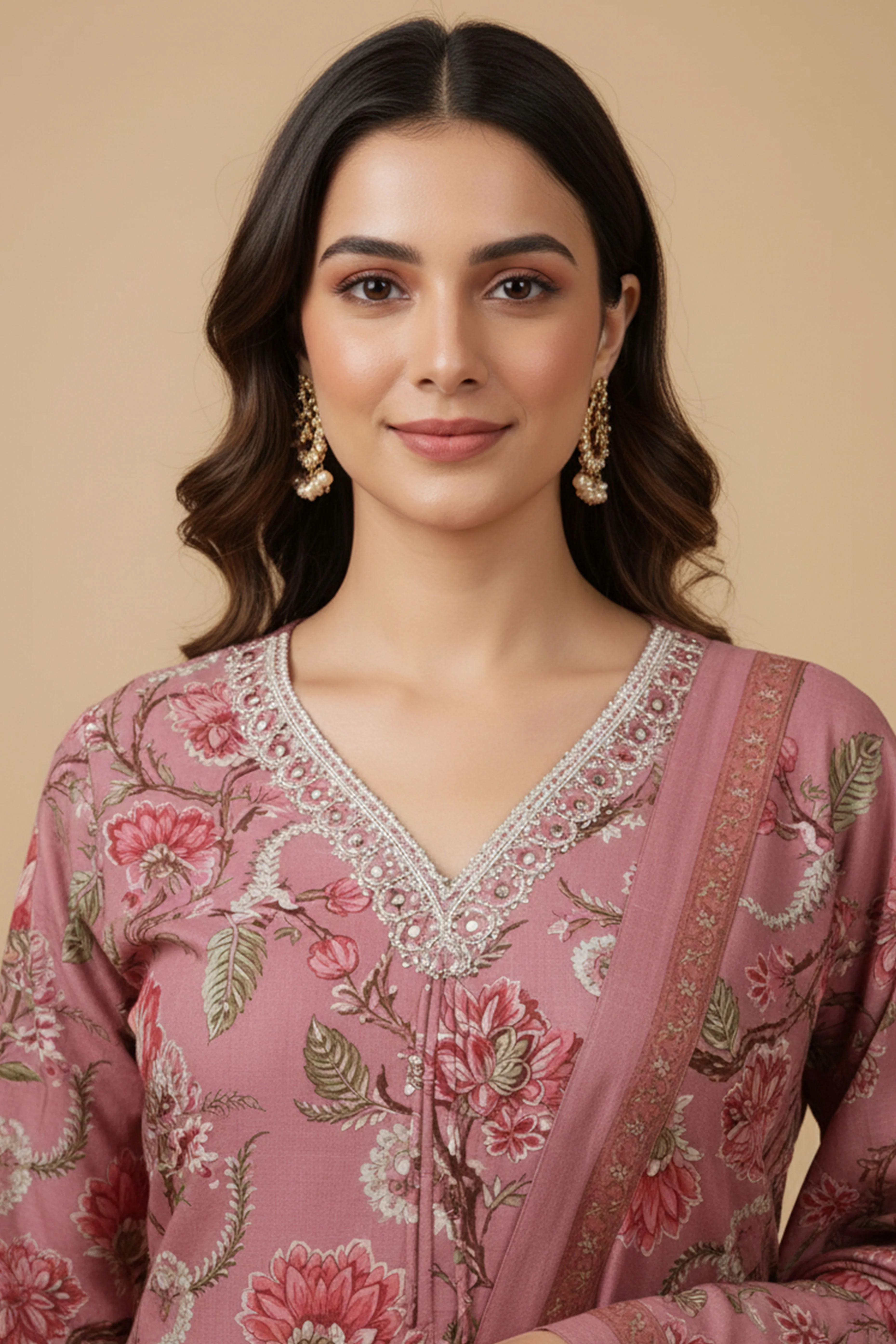 Pink Floral Print Straight Cut Suit Set in Breathable Pure Cotton Fabric - Image 3