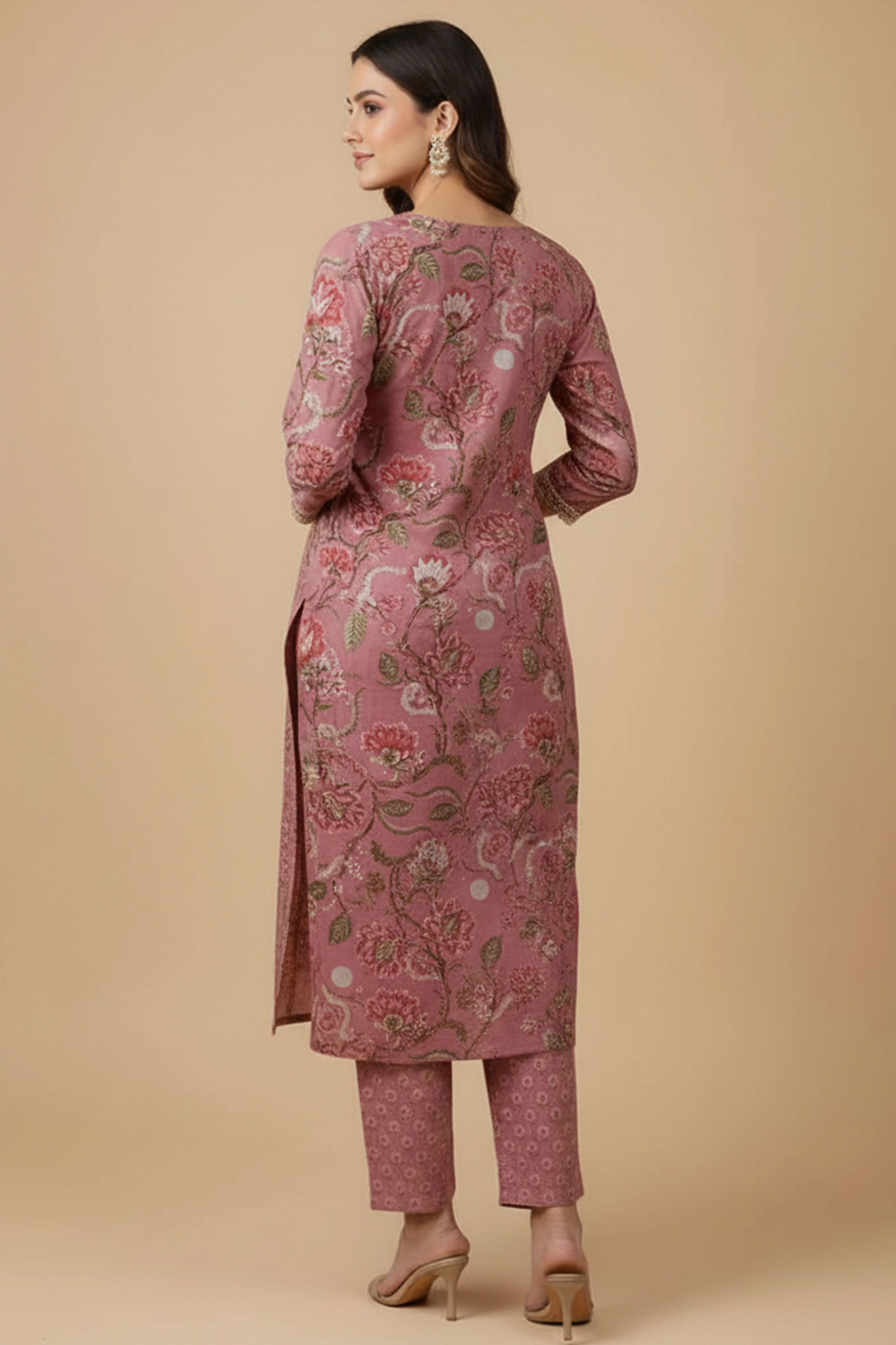 Pink Floral Print Straight Cut Suit Set in Breathable Pure Cotton Fabric - Image 4
