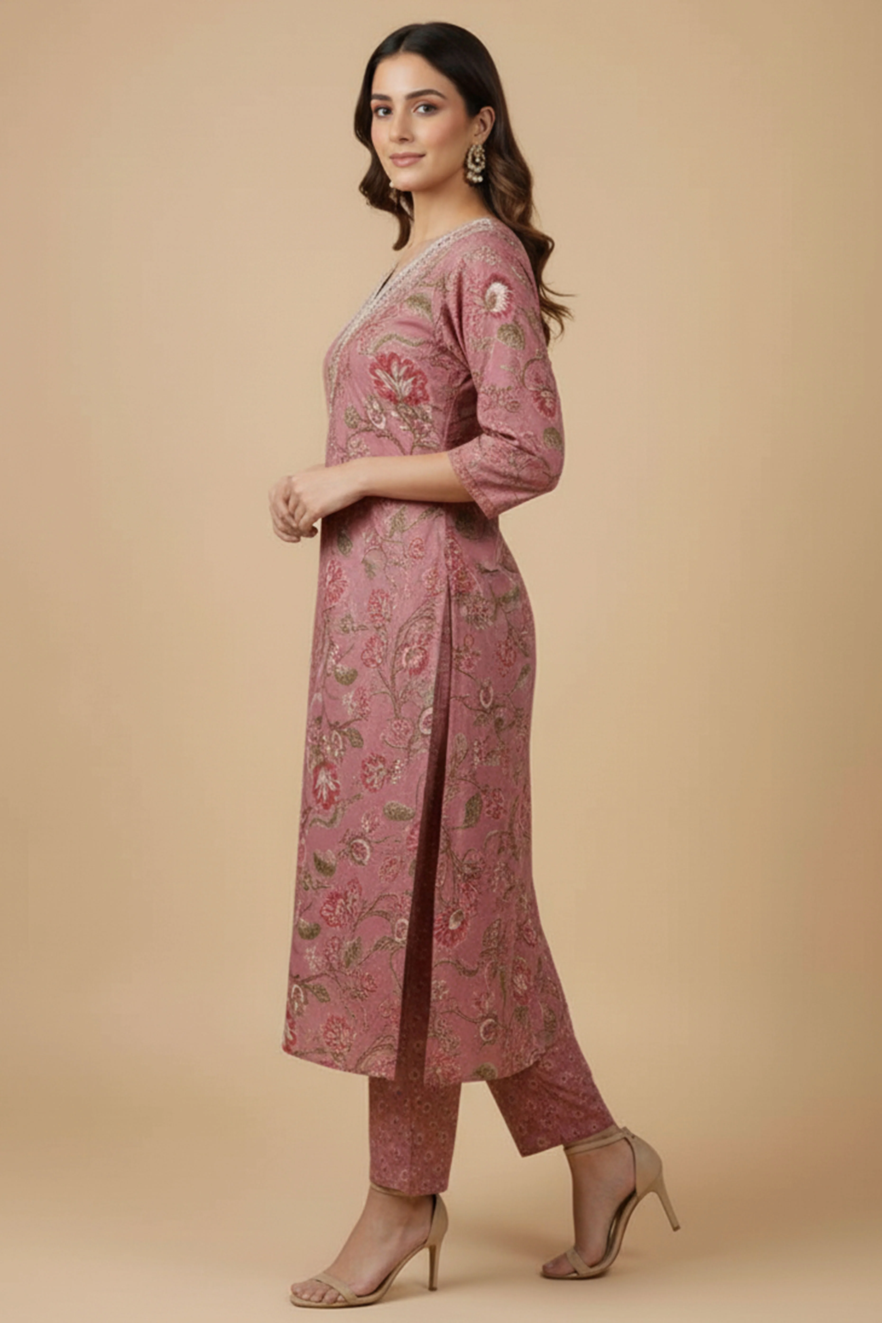 Pink Floral Print Straight Cut Suit Set in Breathable Pure Cotton Fabric - Image 5